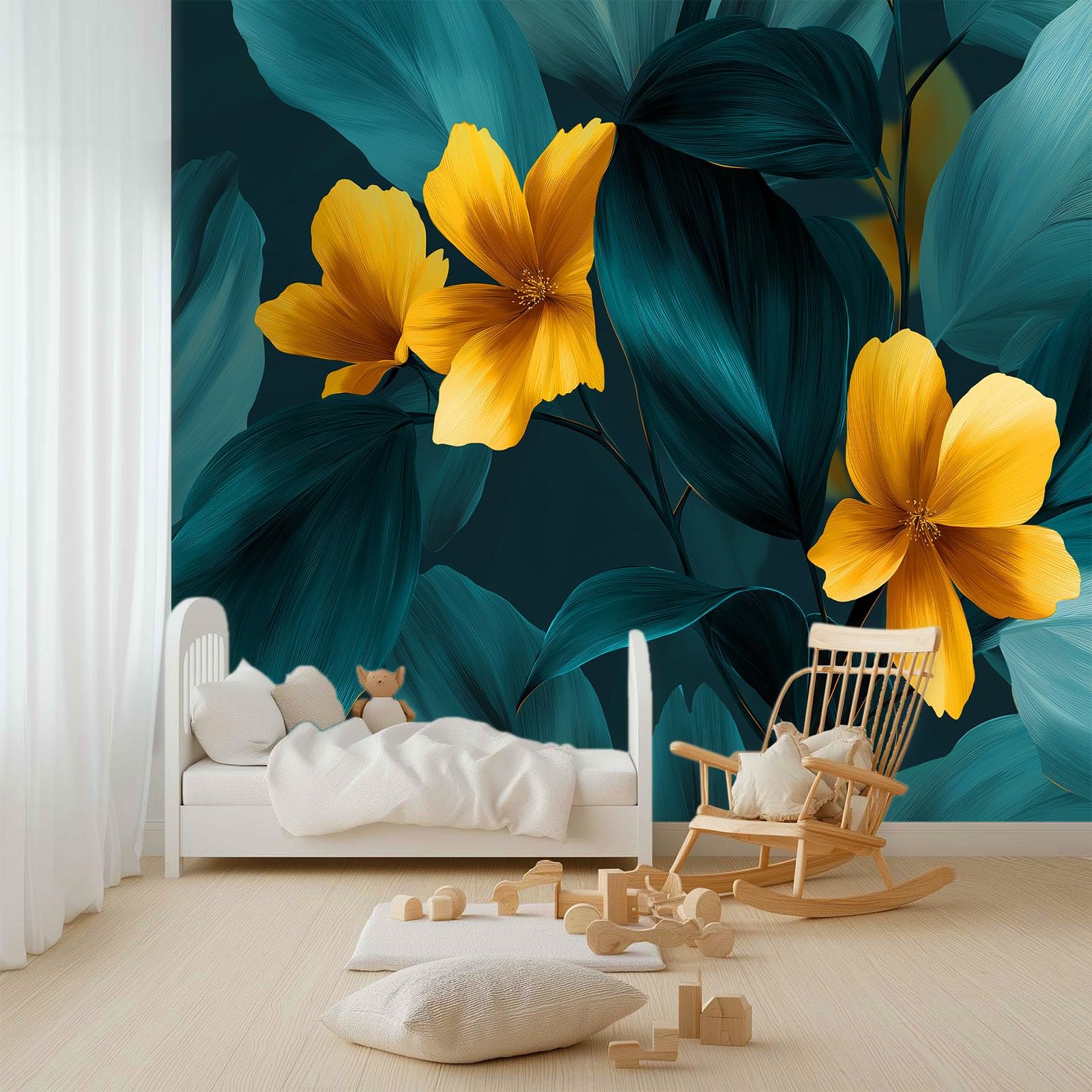 Panoramiczna tapeta 3D 350 x 256 cm elegancja rośliny kwiaty liście tapeta z włókniny, duży plakat ścienny do salonu, dekoracji pokoju dziecięcego, łatwy montaż, ciemnoniebiesko-ciemnozielony