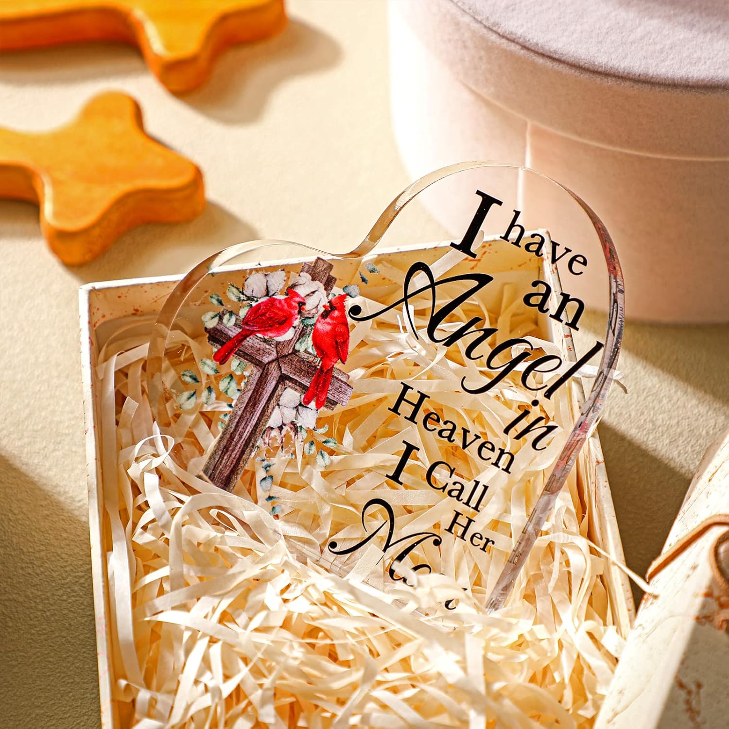 Karenhi 4 Inch Red Cardinal Christmas Gifts Memorial Bereavement Gift for Loss of Loved One Sympathy Decorations Loss of Mom Dad Son Husband in Heaven Glass Table Remembrance(4 Inch,Cross) - Image 2