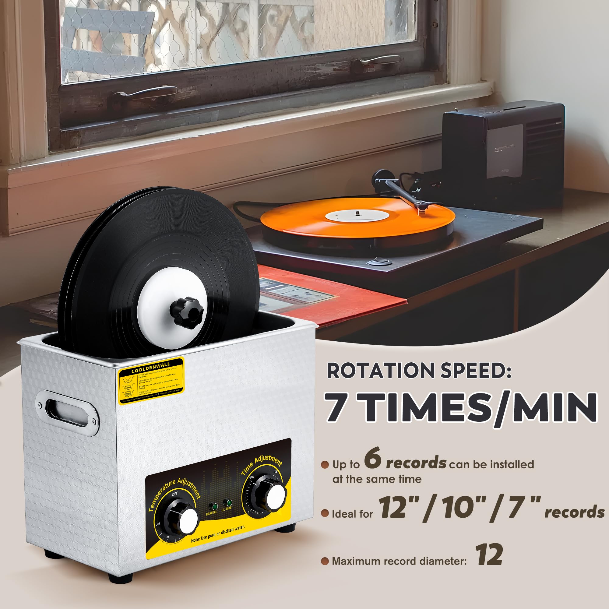 Pulitore a Ultrasuoni per Dischi in Vinile 6L Max. 6 Dischi 0-30 Minuti Timer 20-80°C Funzione di Riscaldamento Rotazione Automatica per Dischi da 7/10/12" Supporto di Asciugatura e Cestello inclusi