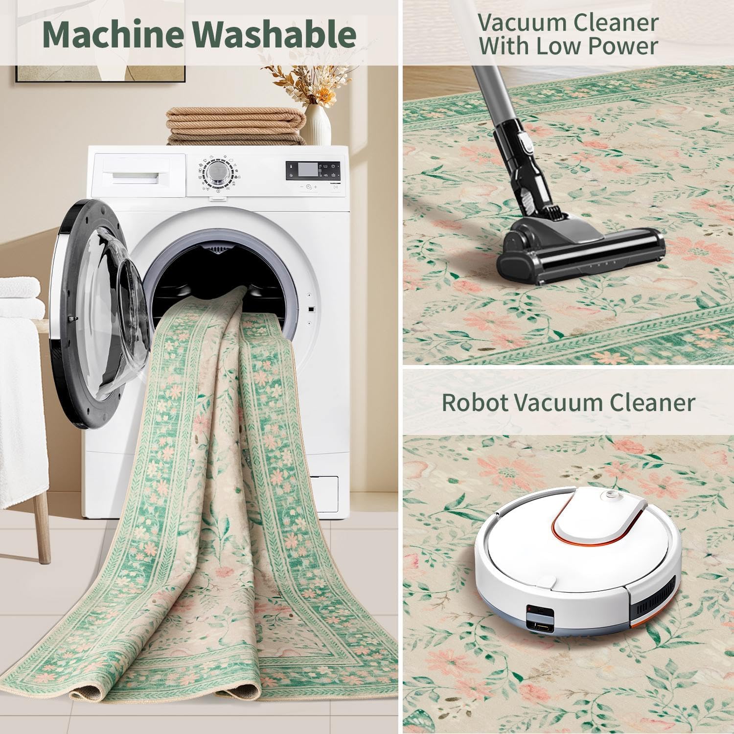 Entryway Rug, 3x5 Washable Area Rug, Green Vintage Boho Throw Rugs, Non Slip Low Pile Small Carpet for Bedroom, Girls Kids Room and Nursery Room(Sage Green 3x5ft) - Image 6