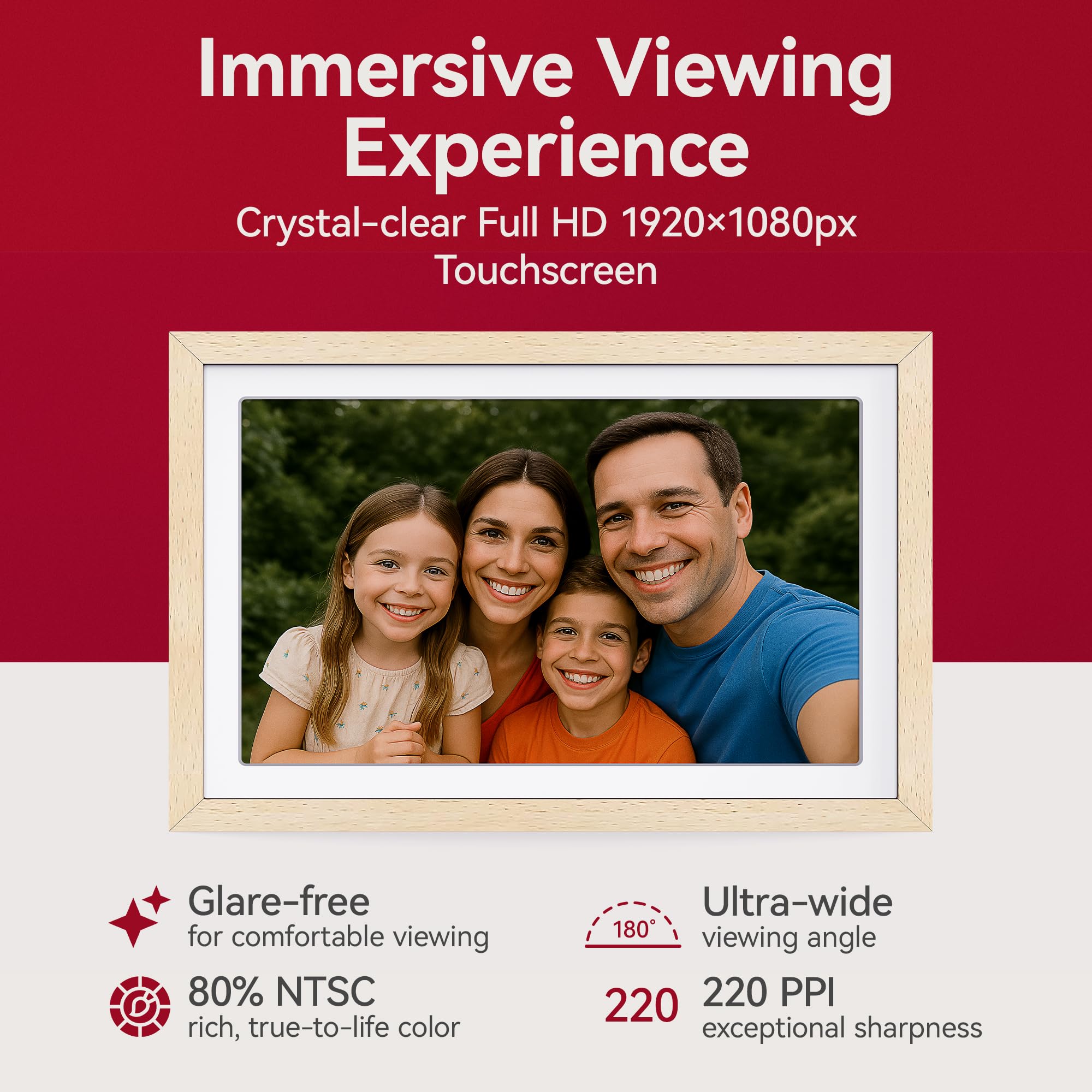 XORO Cadre Photo numérique WiFi de 10,1 ", 1920 x 1080 Full HD 1080p IPS, mémoire 32 Go, Rotation Automatique, Bois de hêtre, partagez instantanément des Photos de n'importe où