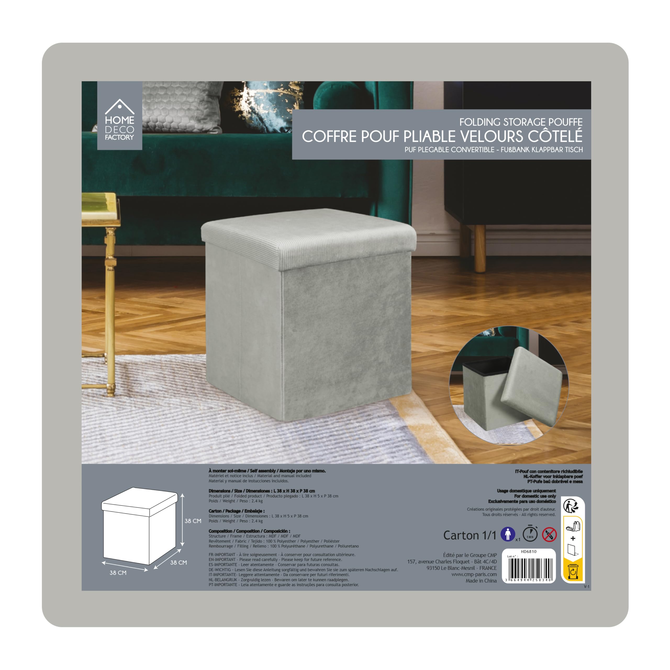 Home Deco Factory HD6810 - Cassapanca Pieghevole, salvaspazio, in Velluto, in Poliestere, Legno, MDF, Grigio, 38 x 38 x 38 cm