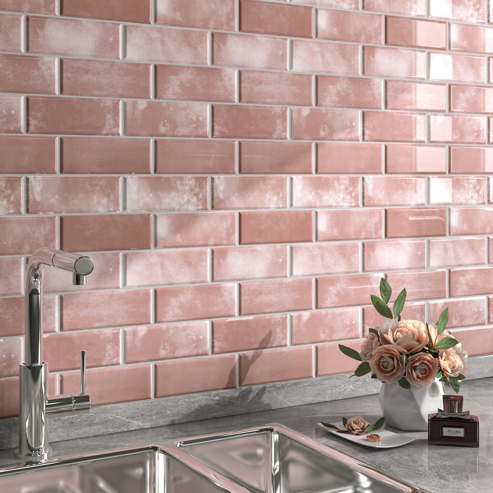 FunStick 30×30CM 15 Baldosas Adhesivas 3D Pared Cocina Rosa Azulejos Adhesivos Baño Impermeable Vinilo de Paredes Decorativos Cocina Azulejos Adhesivos Pared Salon Rosa Losetas Vinilicas para Baño