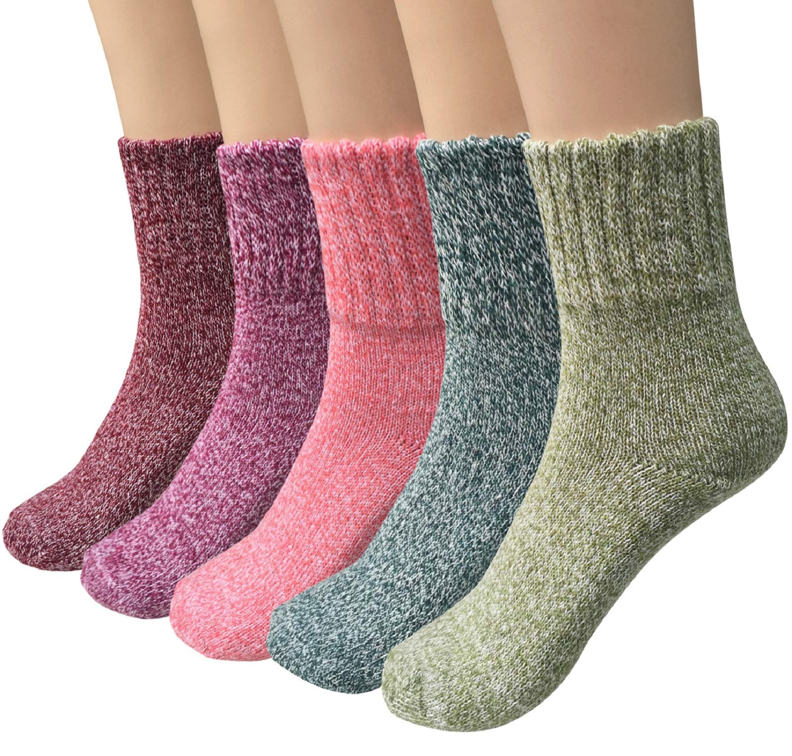 5 Pack Womens Wool Socks Winter Warm Socks Thick Knit Cabin Cozy Crew Soft Socks Gifts for Women, Green Mix, Large-image-22