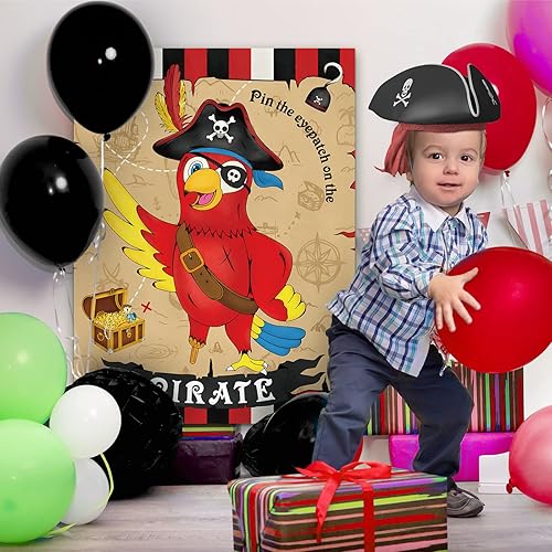 Miniatura 7 de WERNNSAI Pin the Eye Patch on the Pirate - Juego de fiesta pirata para niños y niños, póster de juego de loros de 28 x 21 pulgadas con 24