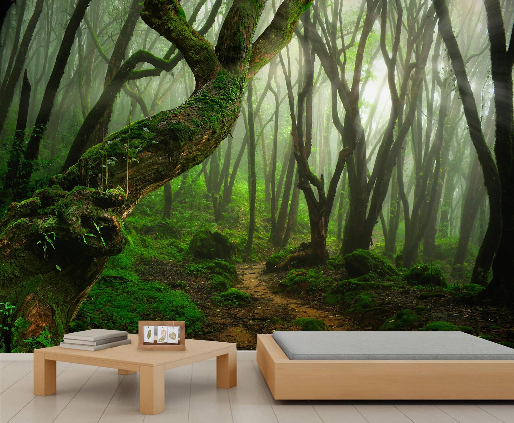 QDJKBL Misty Green Forest Wall Murals Tropical Rainforest Jungle Branches Mural Wallpaper Green Nature Landscape Wallpaper for Bedroom Living Room Company 150 x 100 cm
