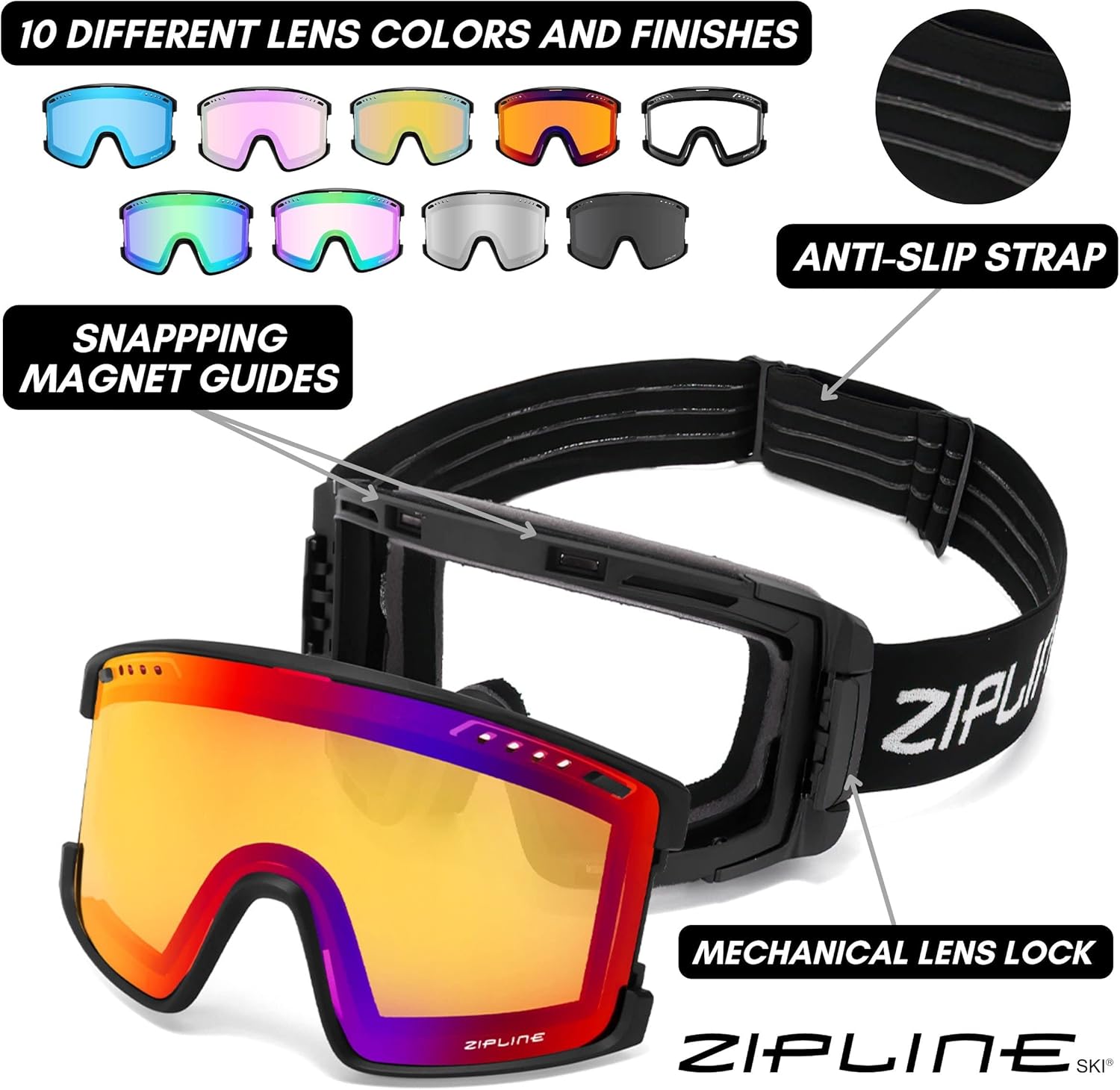 Zipline KLIK Ski Goggles - No Fog Magnetic Lenses, Double Cylindrical Polycarbonate, Adjustable Vent, Magnetic Lens System