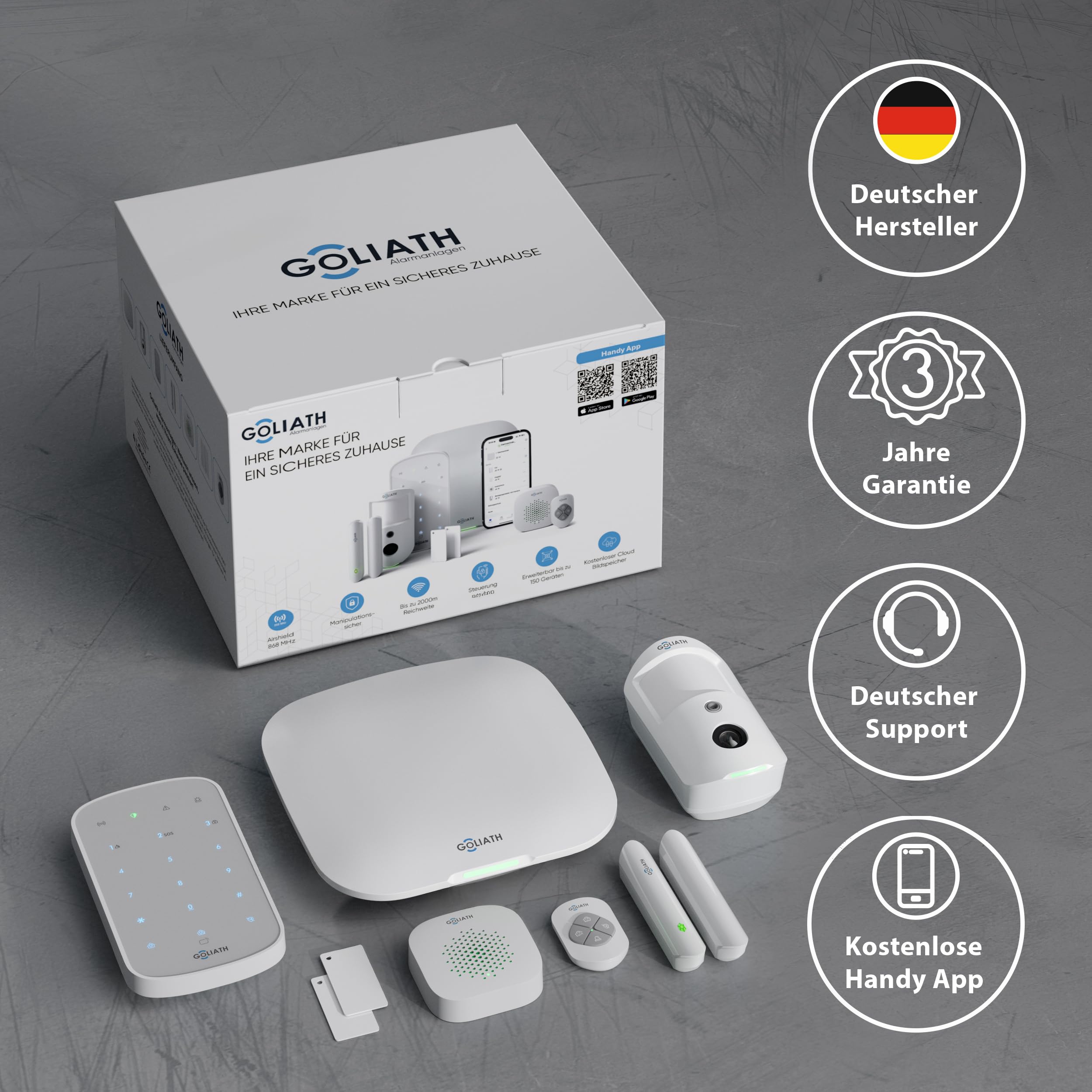 GOLIATH AirShield Alarmanlage Set, Funk 868 MHz, Alarmanlage mit Kamera Bewegungsmelder, App Steuerung, Tür Fensterkontakt, Innensirene, Keypad RFID, Einbruchmeldeanlage Haus oder Wohnung, Starterset
