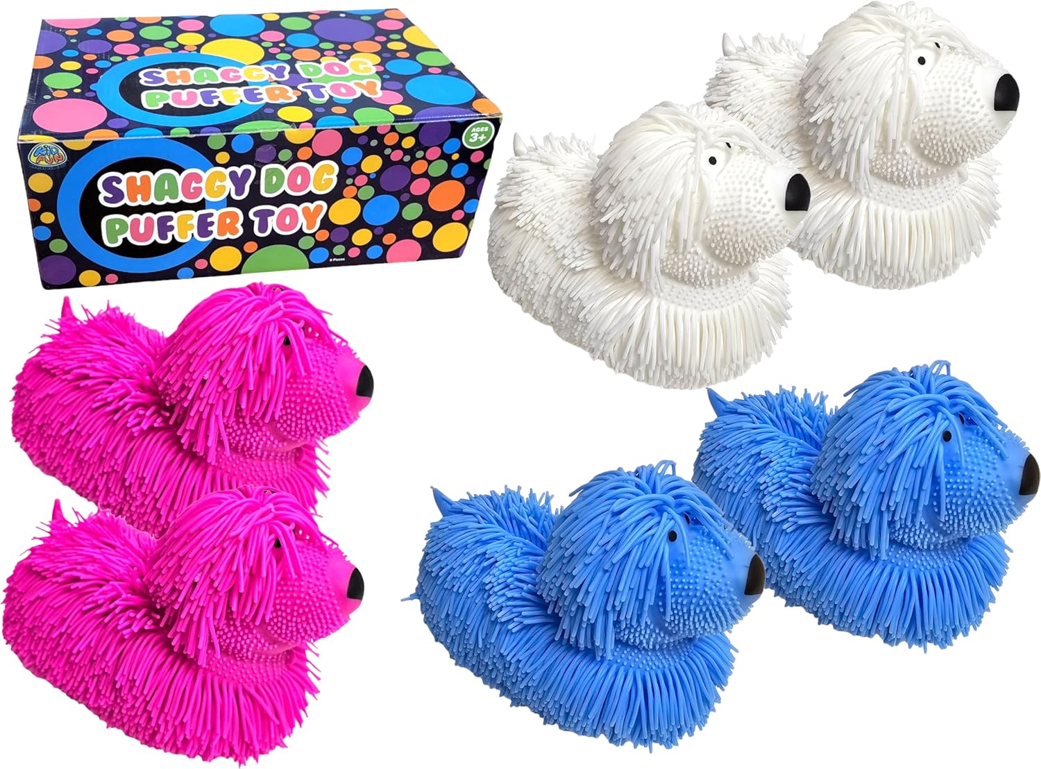 Zugar Land Soft Shaggy Puffer Dog Toy (6 Pack) (8" x 5") Filled with air for a Fun Squishy Stretchy Fidget Experience. Blue, Pink, White. (6 Pack in Display Box)