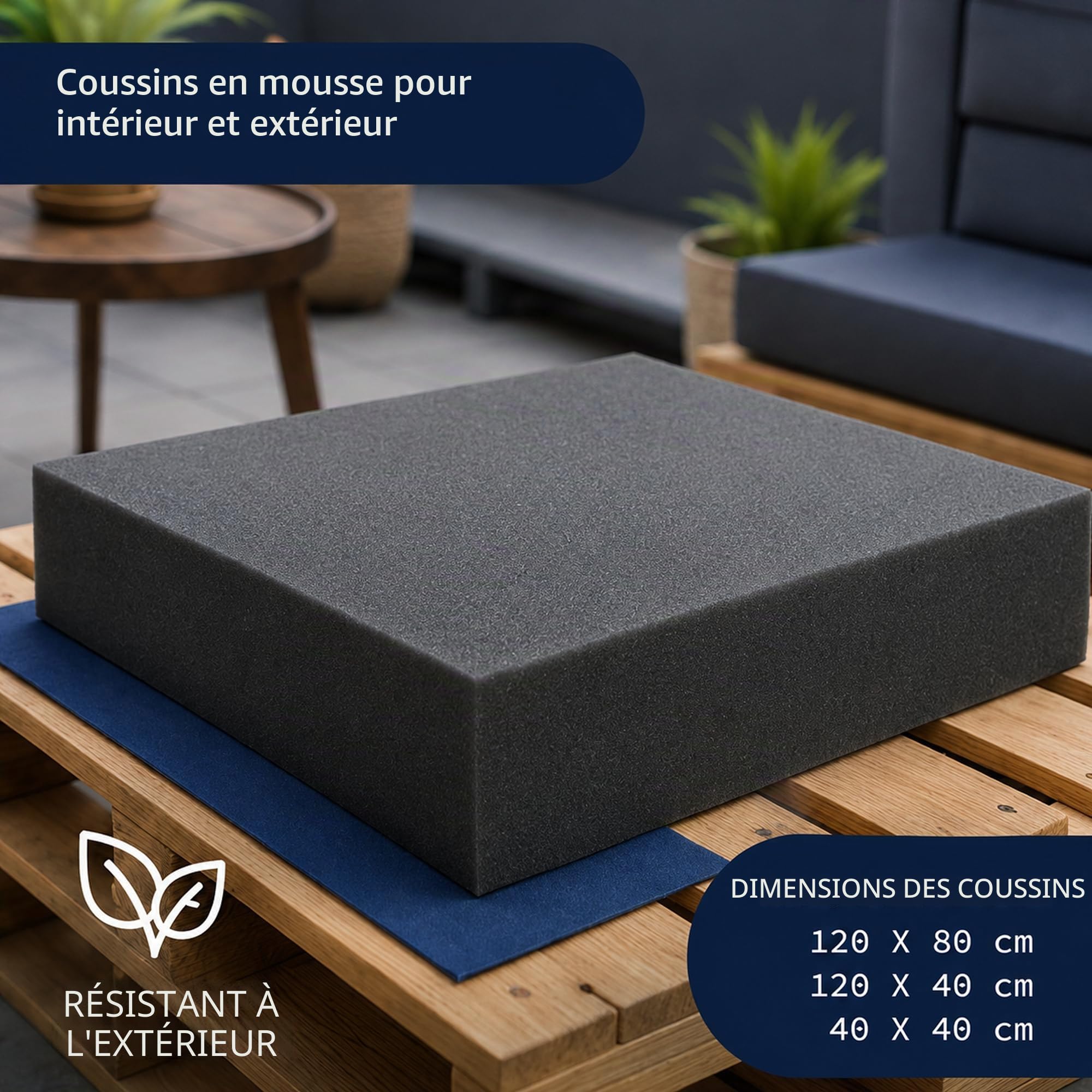 Coussin d'assise en mousse pour canapé en palettes 80 x 120 cm / 5 cm