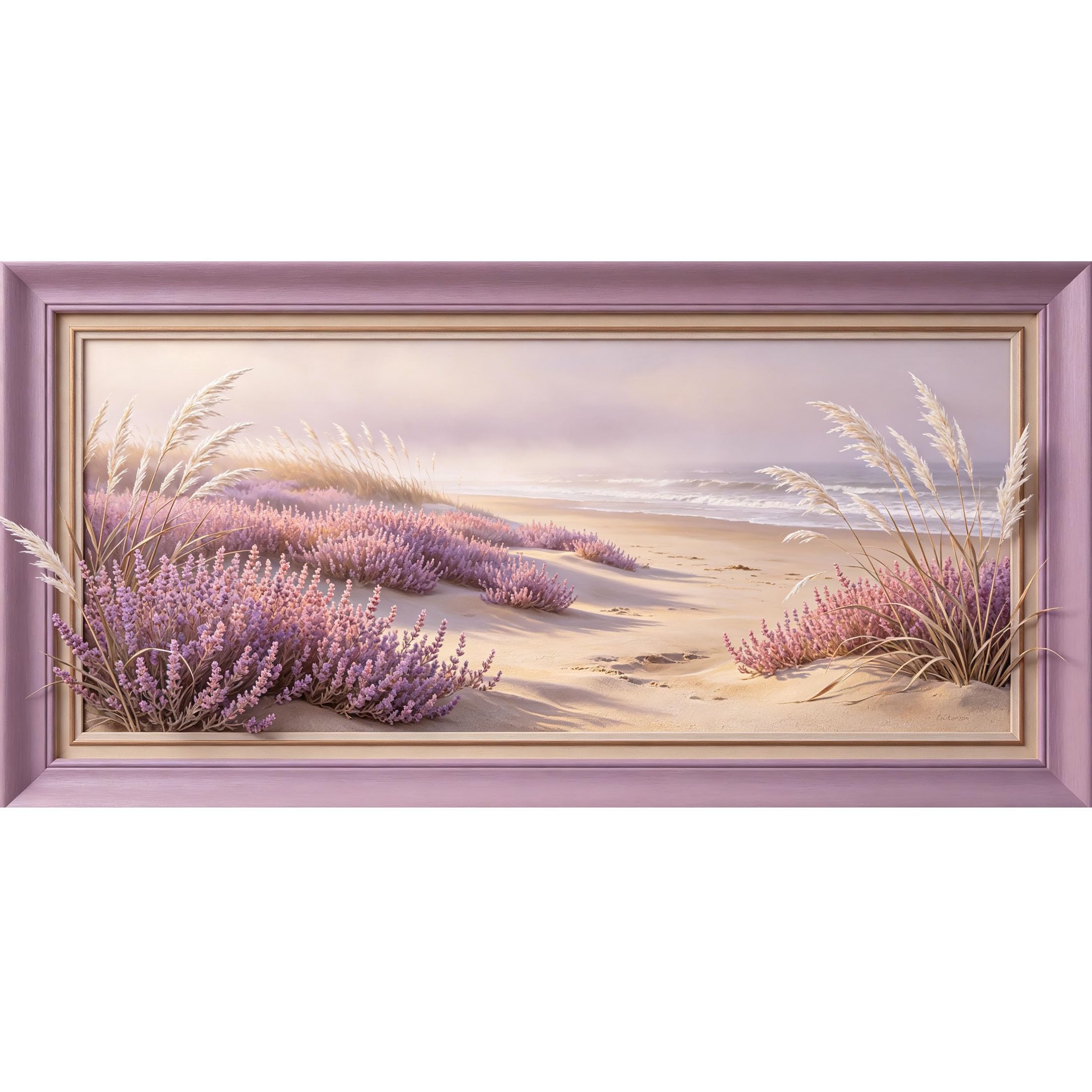 Agglomerix 3D Framed Wall Art Coastal Landscape Purple Flowers Sand Dunes Beach Ocean View Large Size SelfAdhesive Removable Wall Decor Prints Artwork for Living Room Bedroom Office