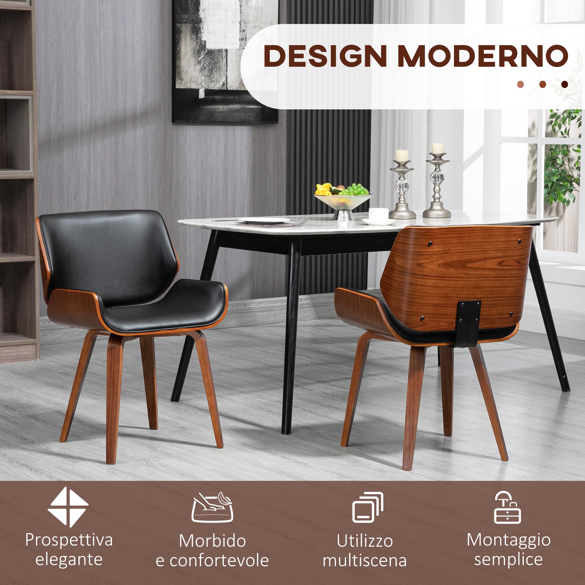 HOMCOM Set di 2 Sedie Sala da Pranzo in Finta Pelle con Schienale Nero