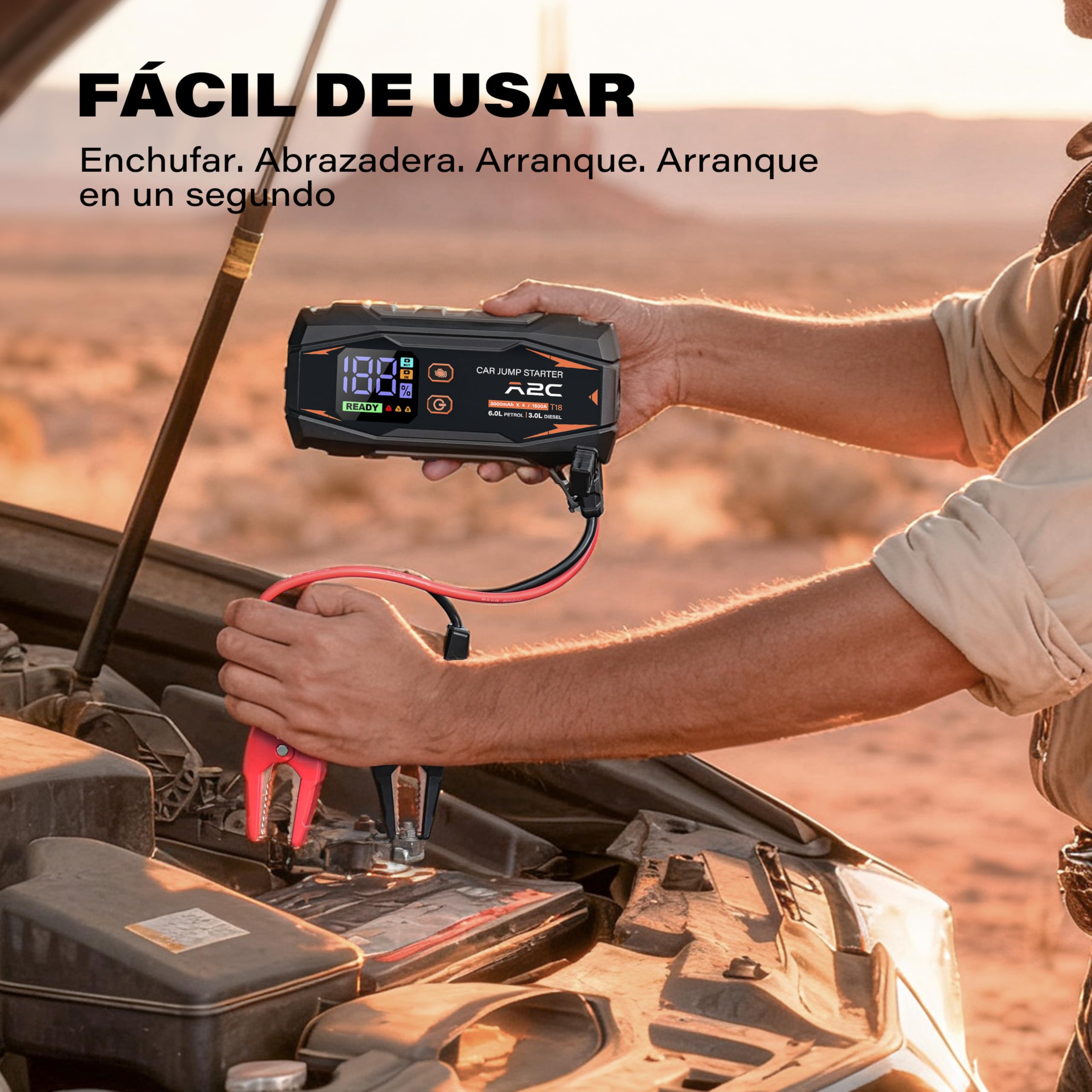 A2C Arrancador Coche 1500A, Power Bank 16800mAh para Gasolina 6L/Diésel 3L | 12V, 3 puertos USB-C, carga rápida QC 3.0, pantalla LED, pinzas de seguridad inteligentes, incluye estuche, diseño compacto