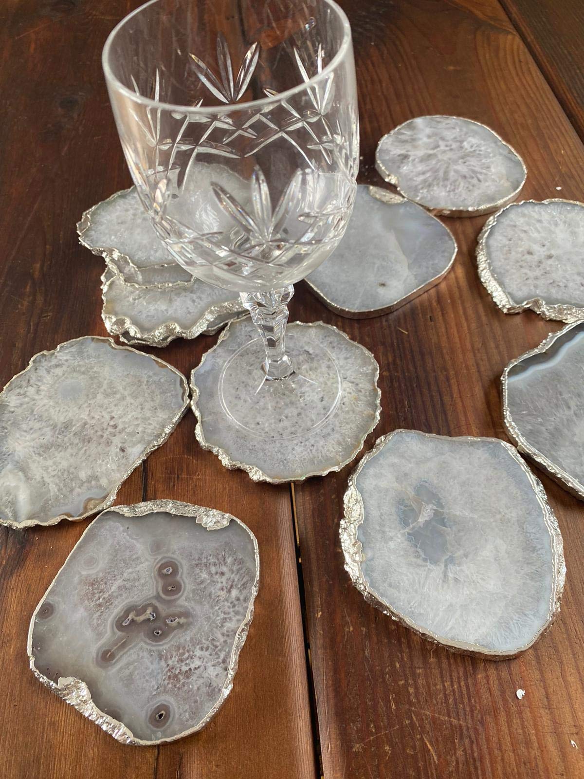 White Agate Premium Microcrystalline Quartz Coasters Natural Shape Silver Edge (set of 4) Gift