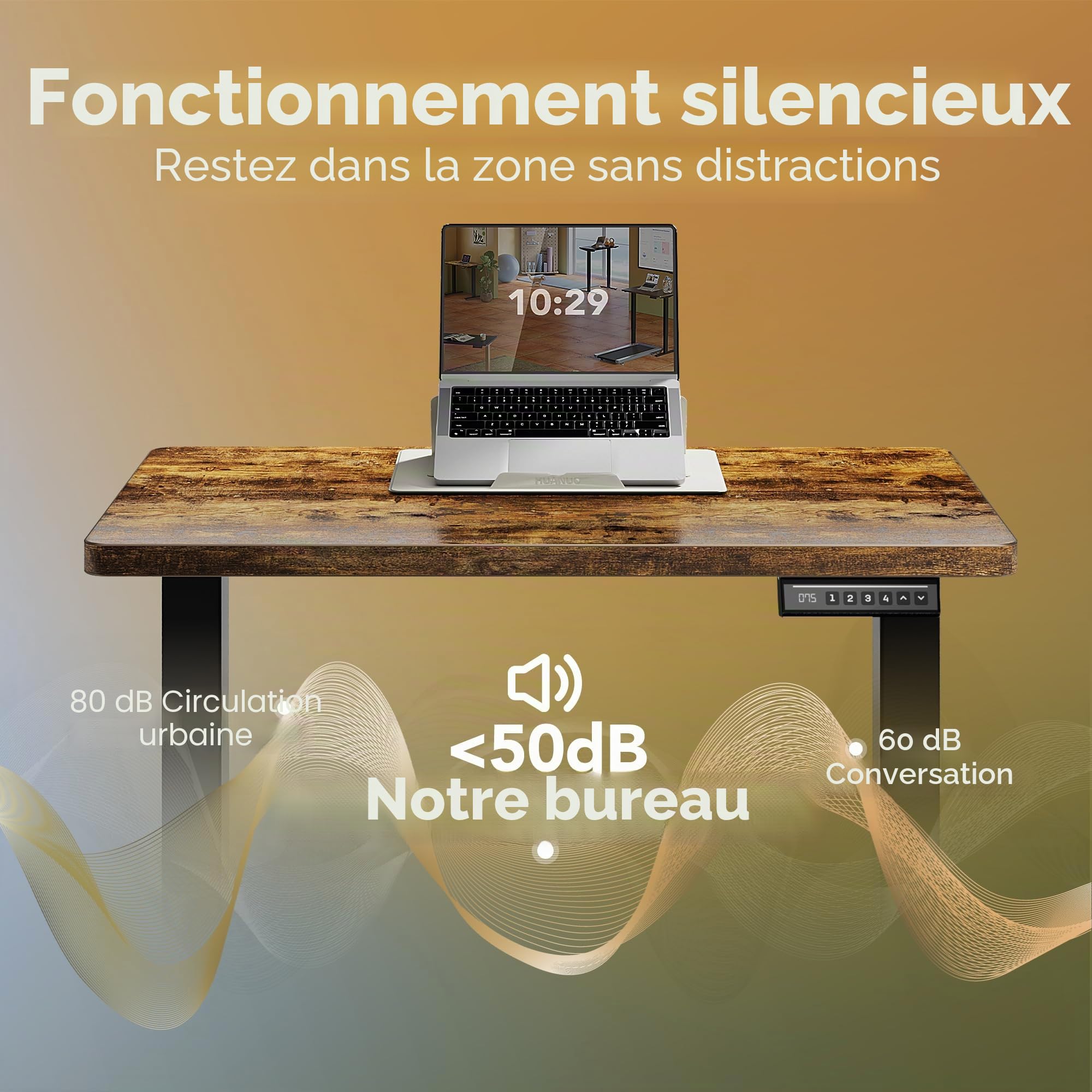 HUANUO 80 x 48cm Bureau Assis Debout Électrique, Réglable en Hauteur, 4 Positions Mémorisées, pour Travail à Domicile et Ordinateur, Marron Rustique