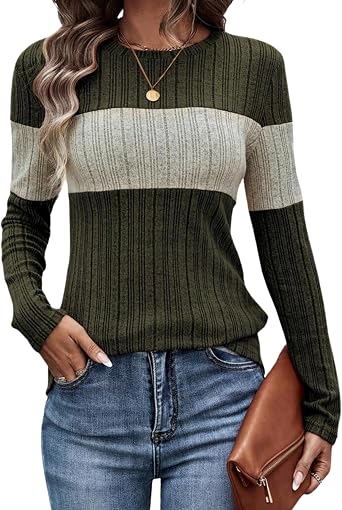 Womens Lightweight Sweater Color Block Striped Long Sleeve Pullover Sweaters Crew Neck Slim Trendy Tops