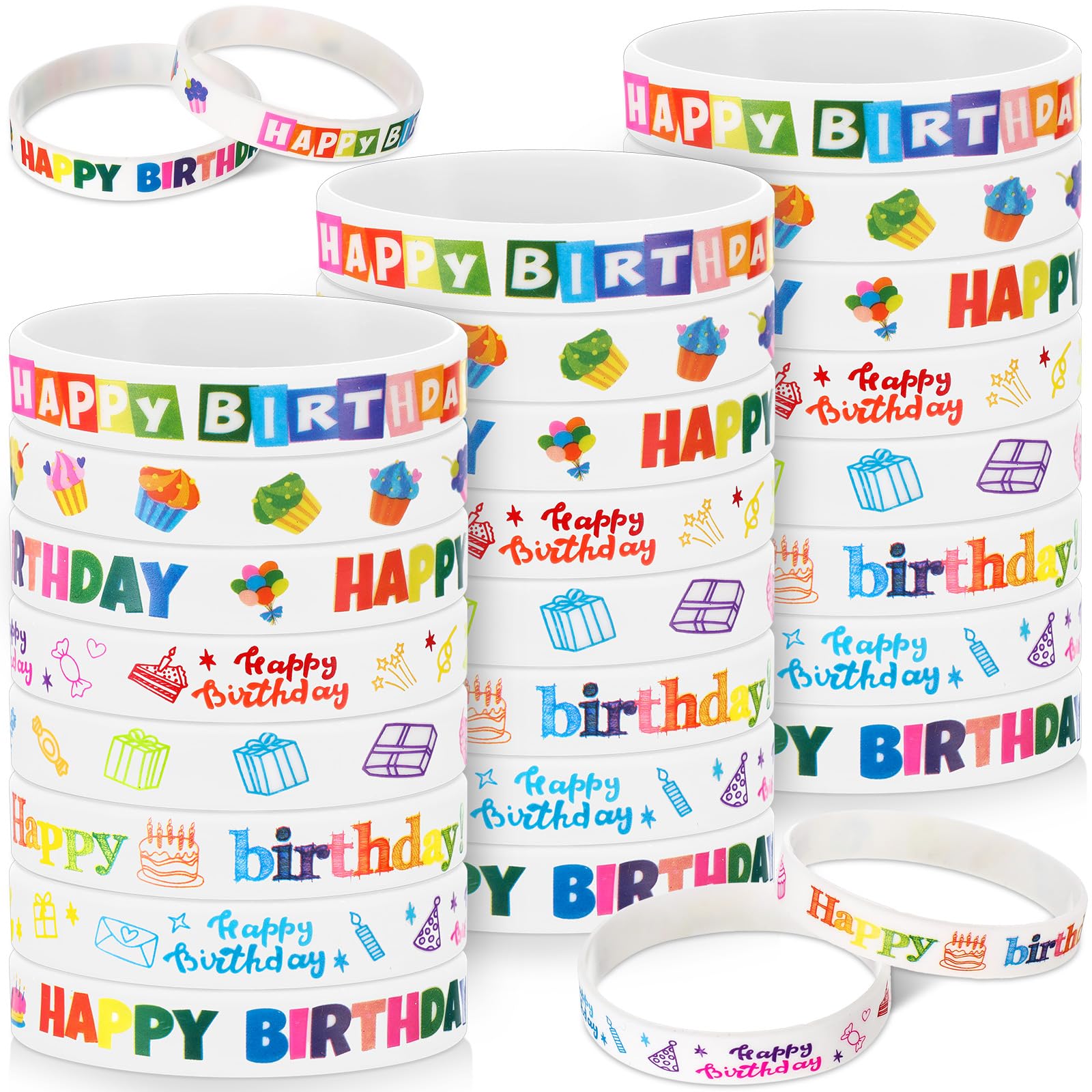 Cunno 30 Pcs Birthday Rubber Bracelets Colorful Silicone Stretch Wristbands Classroom Gifts for Kids Students Teacher Reward Back to School Party