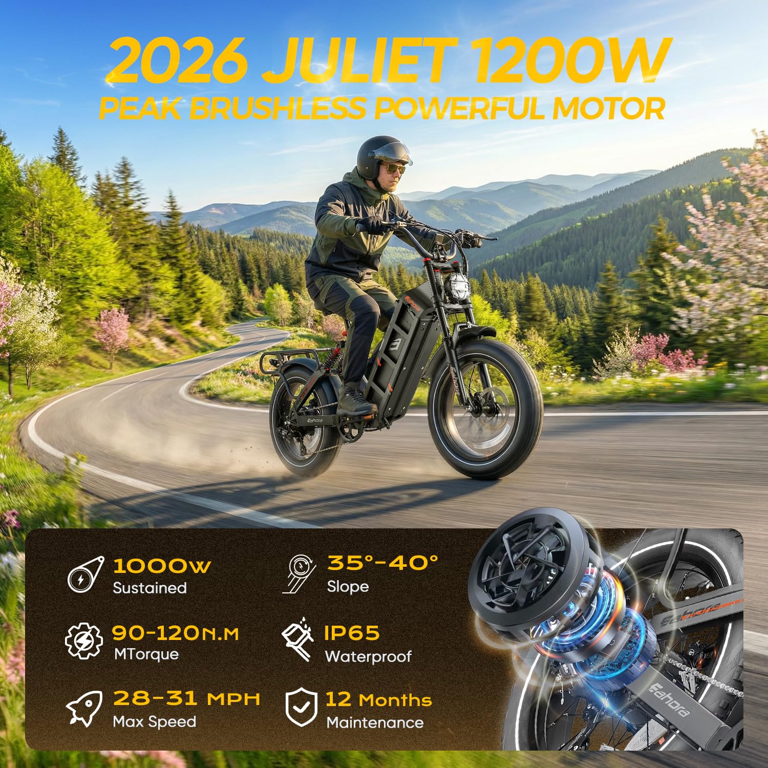 eAhora 2026 Juliet Electric Bike for Adults 50Kph Peak 1200W 48V 60AH Electric Bike 320+Kms Long Range Ebike 20"*4.0 Fat Tires Step Thru Electric Bicycle Full Suspension Ebikes Black