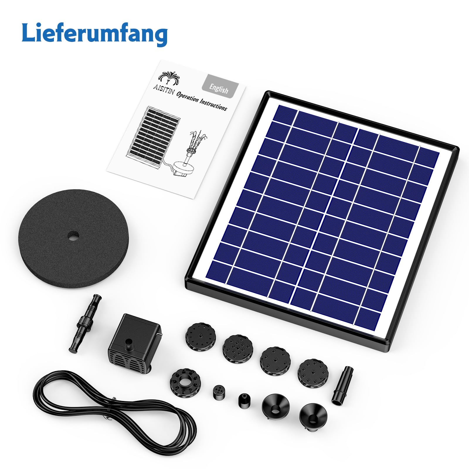 AISITIN 6,5W Solarbrunnen für Draussen, Eingebaute 1500mAh Batterie Solar Springbrunnen für Außen, Schwimmender Fontäne Pumpe mit 10 Fontänenstile für Garten,Vogel-Bad,Teich,Fisch-Behälter,Wasserspiel
