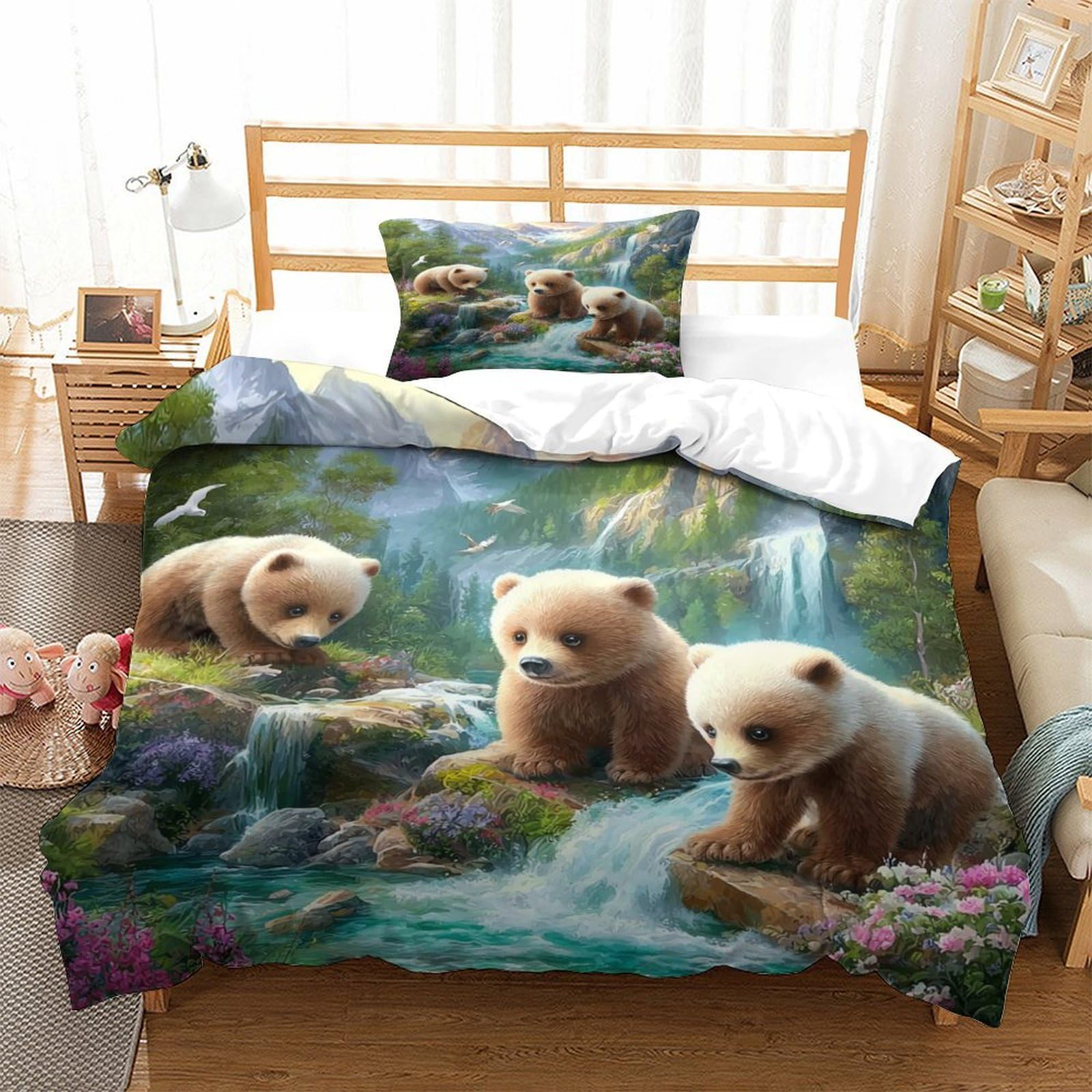 Housse de couette ours imprimé 3D pour chambre d'enfant lit simple