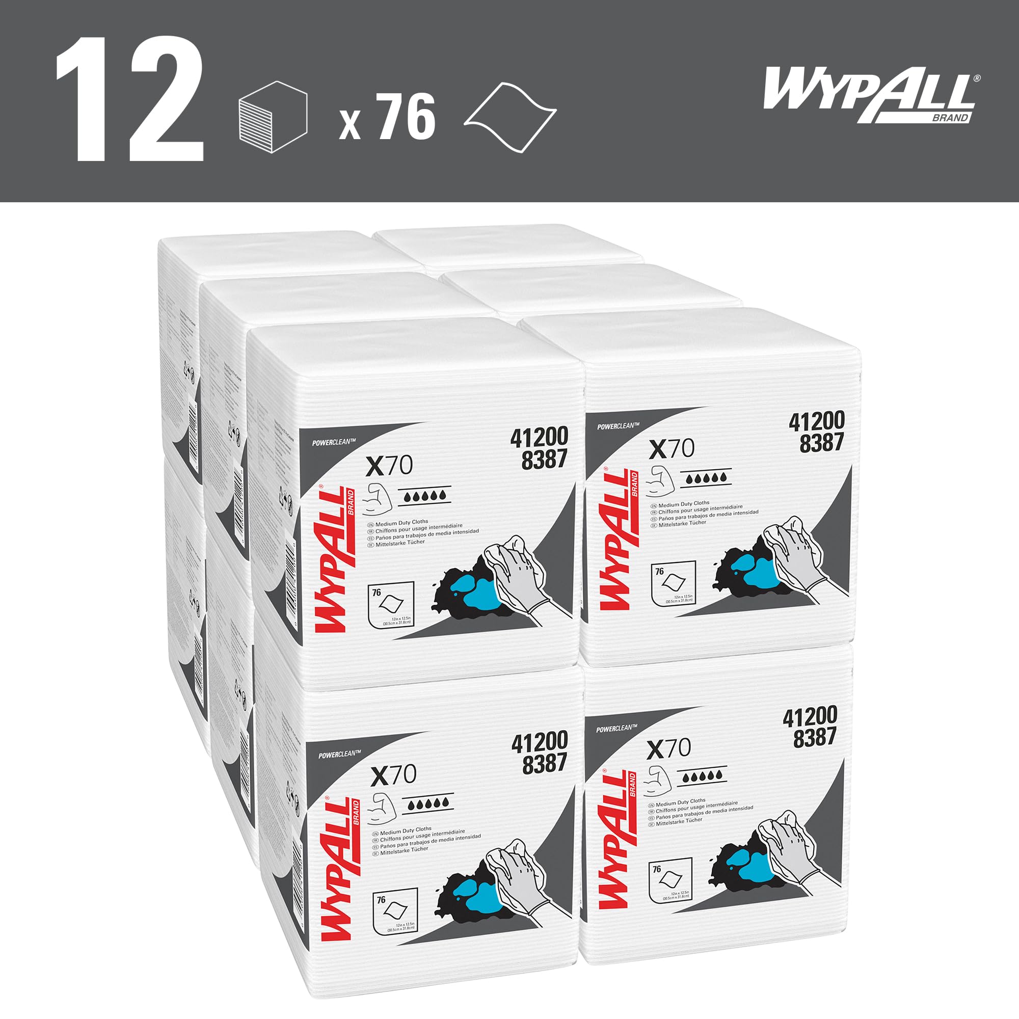 WypAll® X70 Power Clean™ Reinigungstücher 8387, wiederverwendbare saugfähige Wischtücher für vielseitiges und effizientes Wischen, 12 Packungen x 76 Tücher (insg. 912 Tücher)