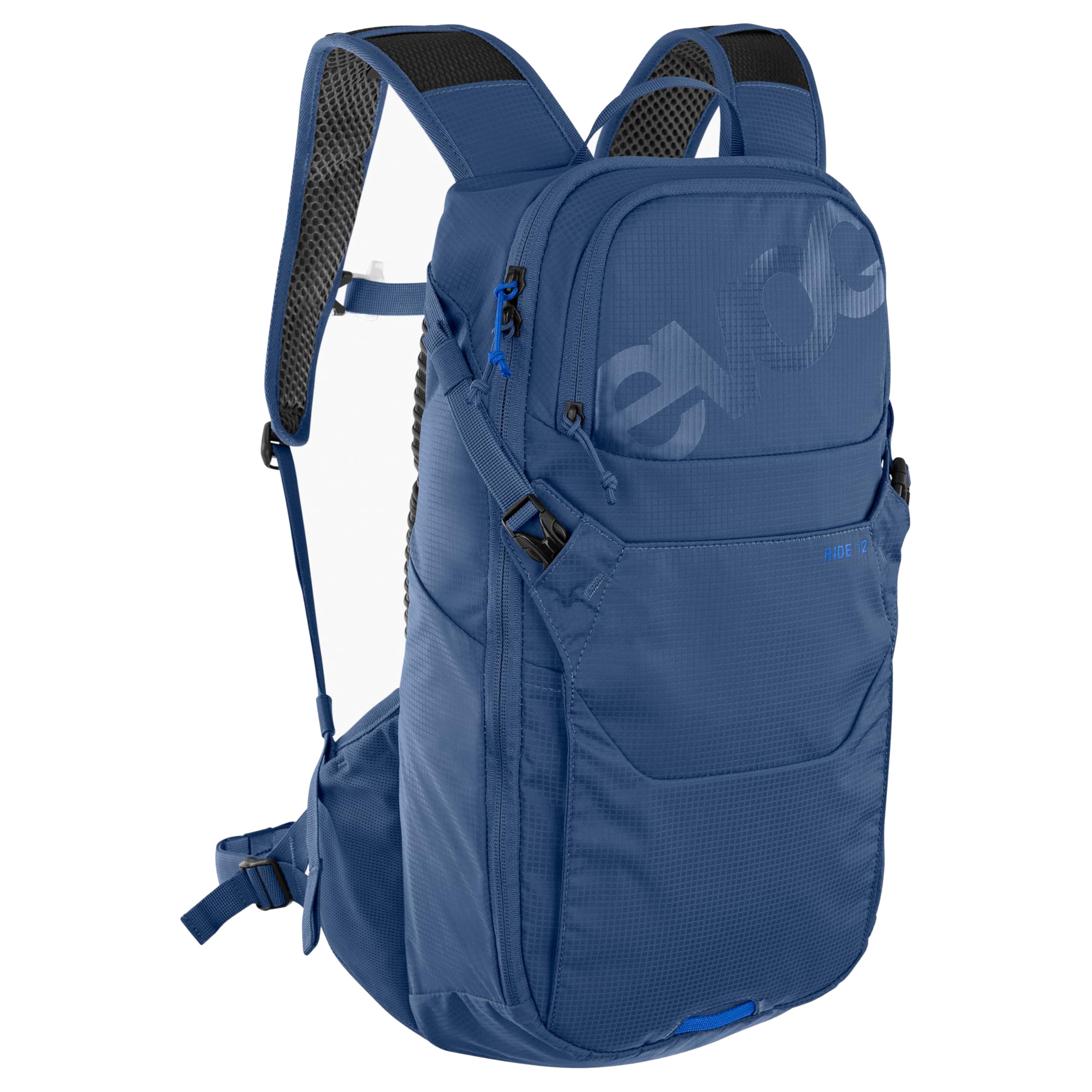 EVOC RIDE 12 protector bike backpack, trekking backpack (clever pocket management, backpack with back padding, 2l hydration bladder), denim