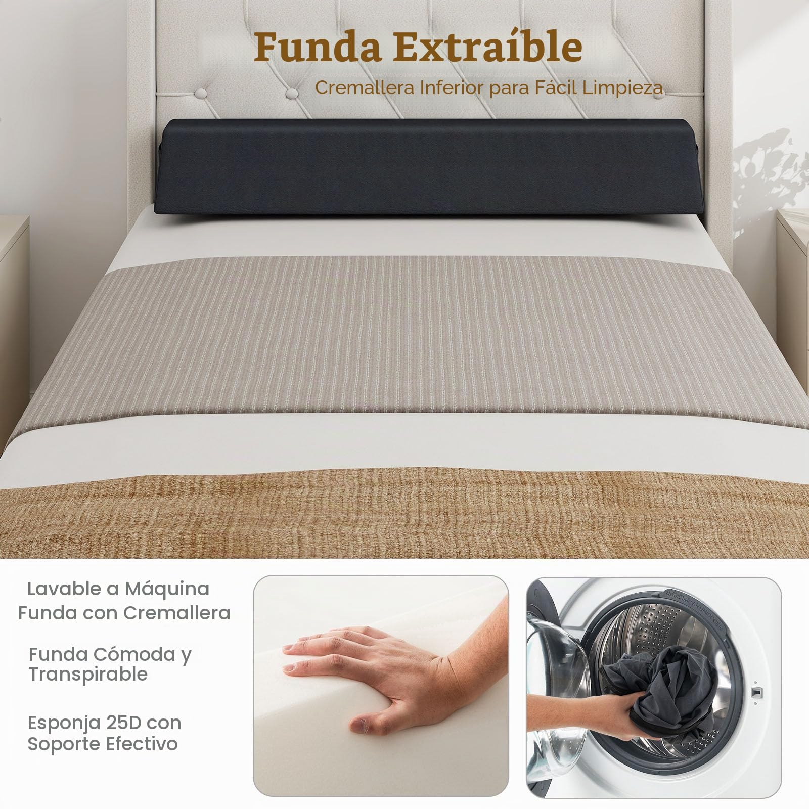 LIFEZEAL Almohada Trapezoidal para Rellenar el Espacio entre el Cabecero y el Colchón, Almohada de Lectura con Funda Lavable, Acolchada con Esponja, 2 Bolsillos Laterales, para Cama (137 x 25 x 13 cm)