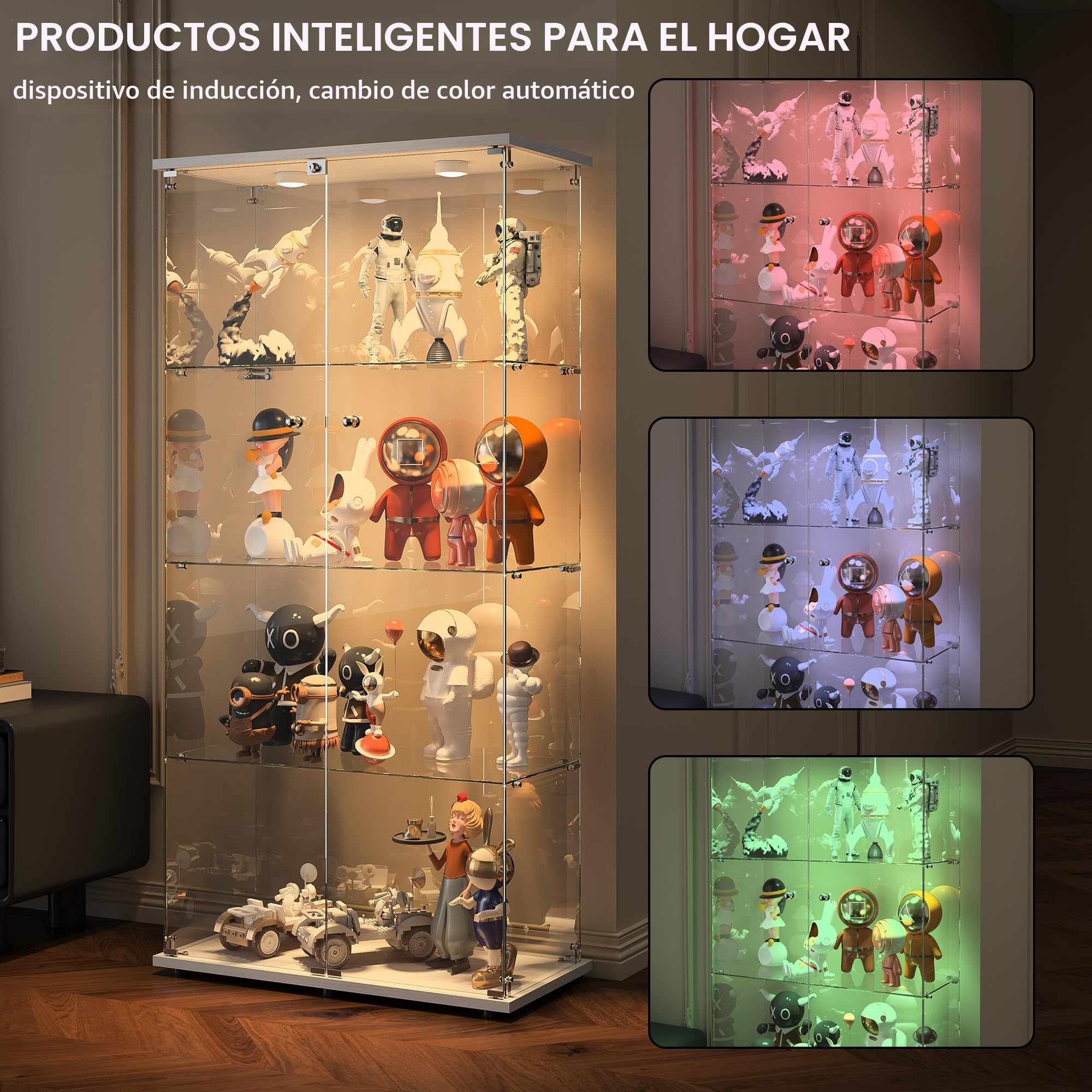 Vitrina con iluminación LED con puertas bloqueables, 4 estantes para modelos coleccionables y recuerdos, elegante vitrina blanca con respaldo de espejo.