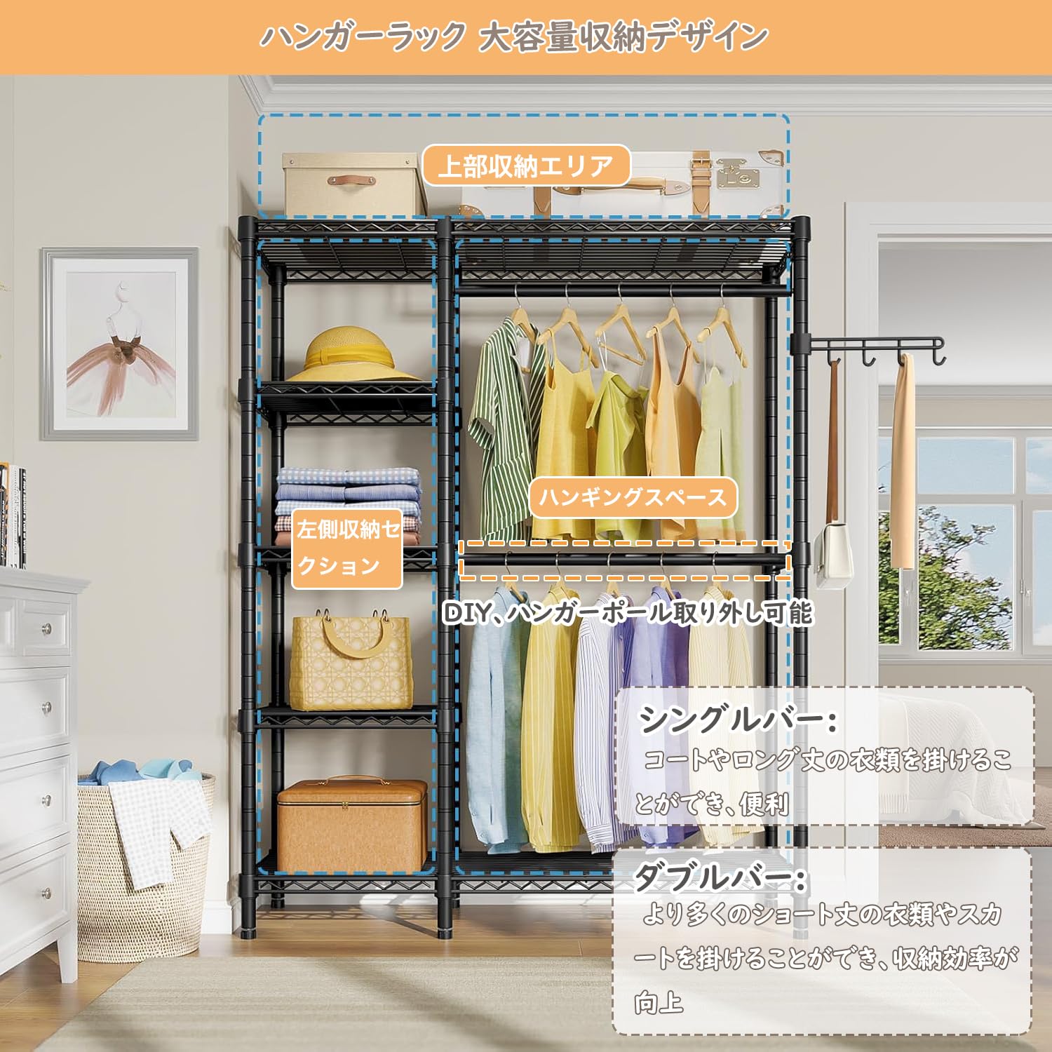 Amazon｜Goodraio ハンガーラック 2段 耐荷重260kg キャスター付き W97