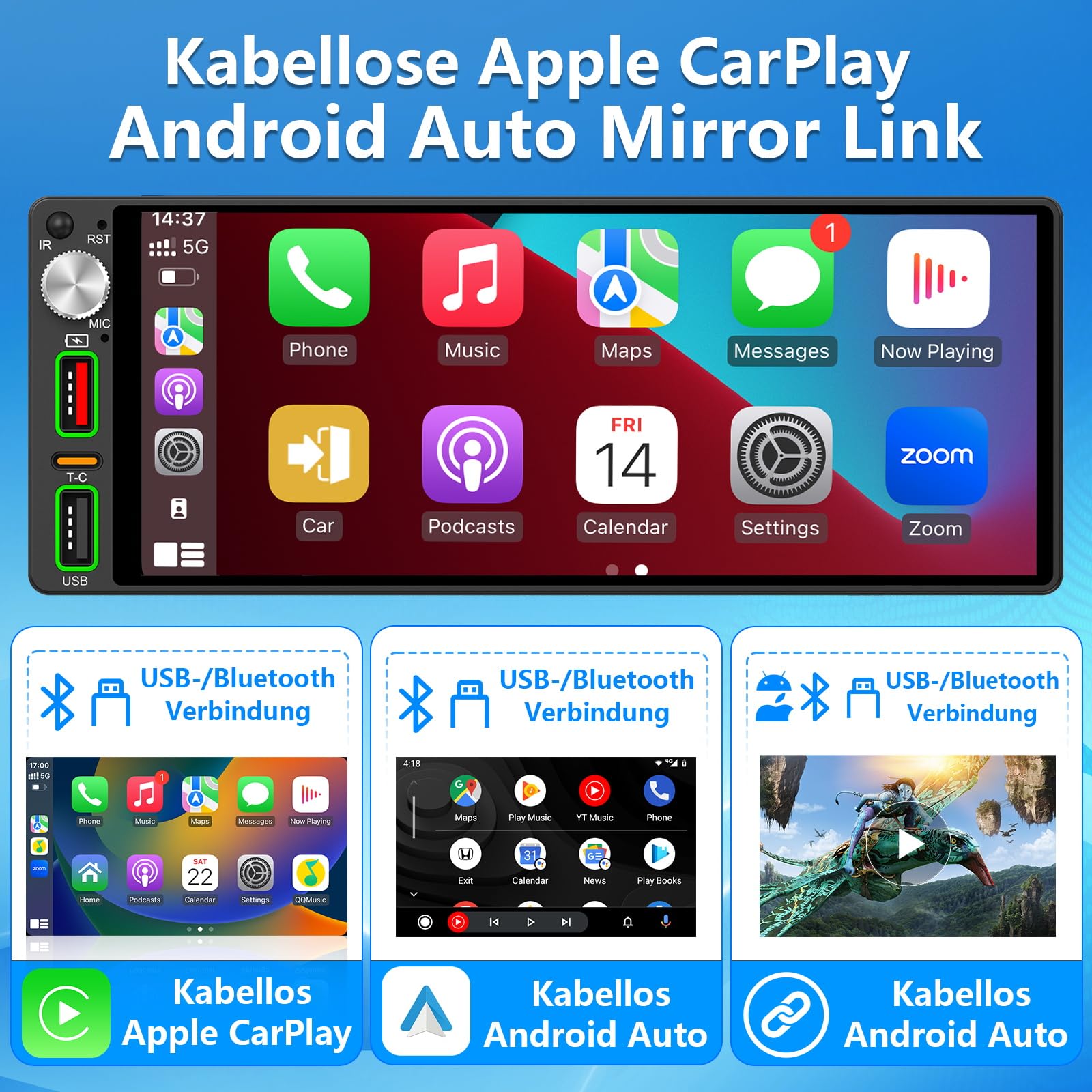 6,9 Zoll 1 Din Autoradio mit drahtlosem CarPlay & Android Auto, Bluetooth, Full-Touch-Autoradio-Display FM, DAB+，Free Rückfahrkamera