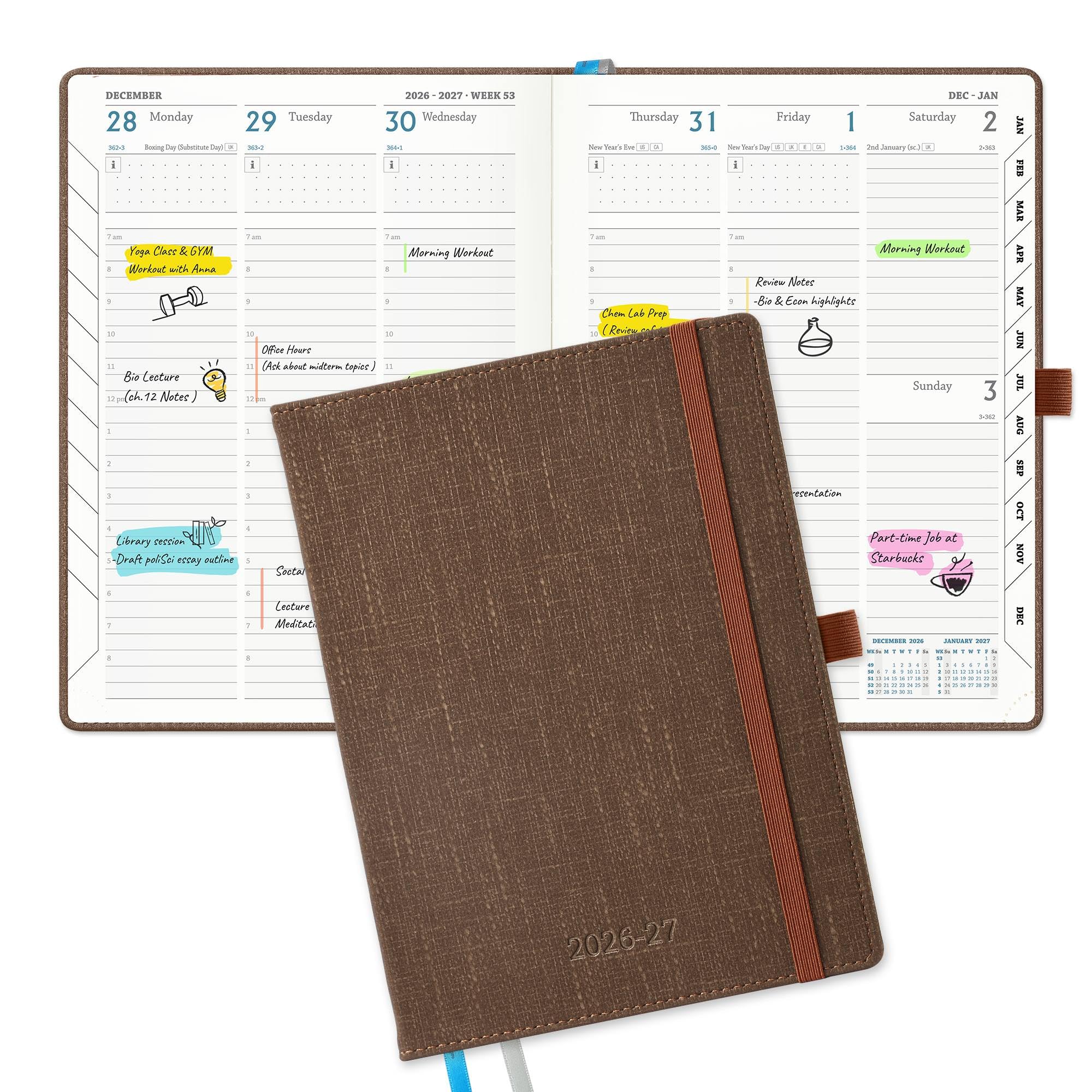 IN-LUXPRO Academic Diary 2026-2027: Luxury A5 Week to View (21.9x16.2cm)18 Months (Jul'26 - Dec'27) Mid Year Diary 26/27 Vertical Weekly Planner with Timeslots & Month Tabs, PU Leather Coffee
