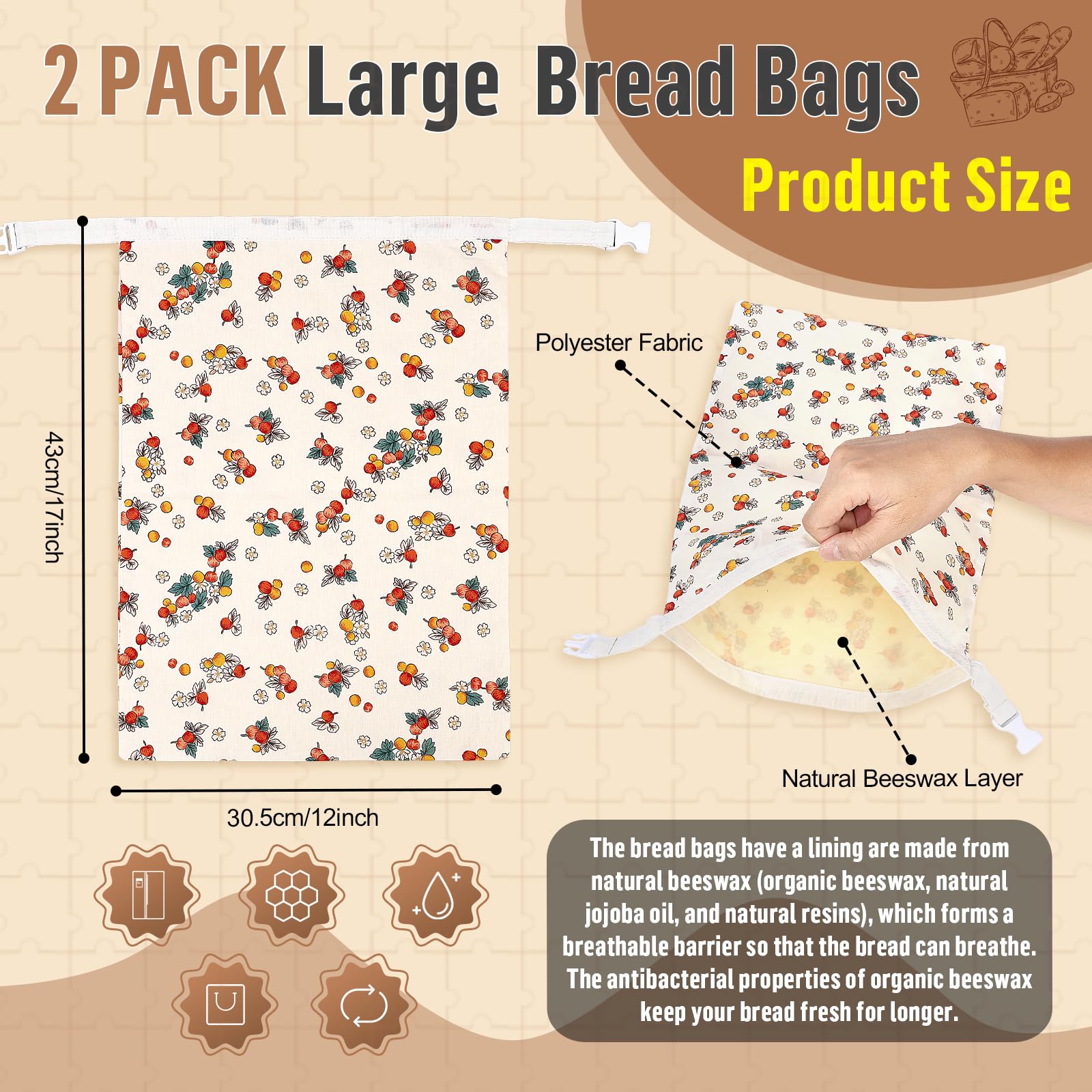 Sacs à Pain Tissu Réutilisables en Polyester avec Doublure en Cire d'abeille - 43x30cm