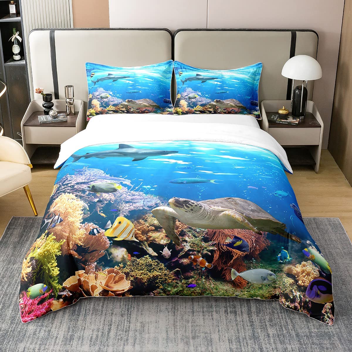 Bettbezug Meeresschildkröte, 100% Baumwolle Bettwäsche-Set, Hai, Meerestiere, Fische, Regenbogenschildkröte, Koralle, Heimtextilien, 140 x 200 cm