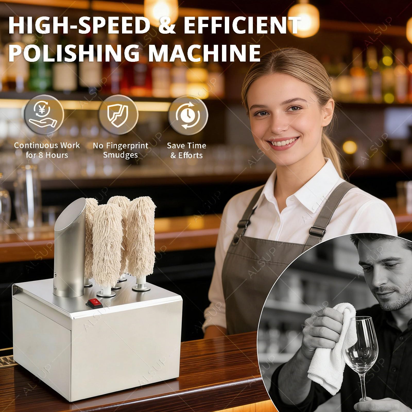 Pulidora eléctrica de copas de vino, diseño de acero inoxidable, cepillos extraíbles, secado instantáneo para bares, restaurantes, hoteles, cocinas, 3 cabezales