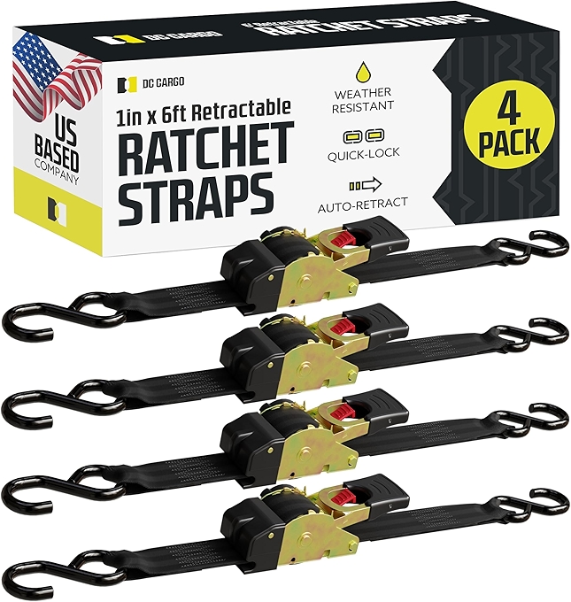 DC Cargo Auto Retract Ratchet Straps - Compact Tiedowns for Motorcycles, ATVs, Bikes, and Boats