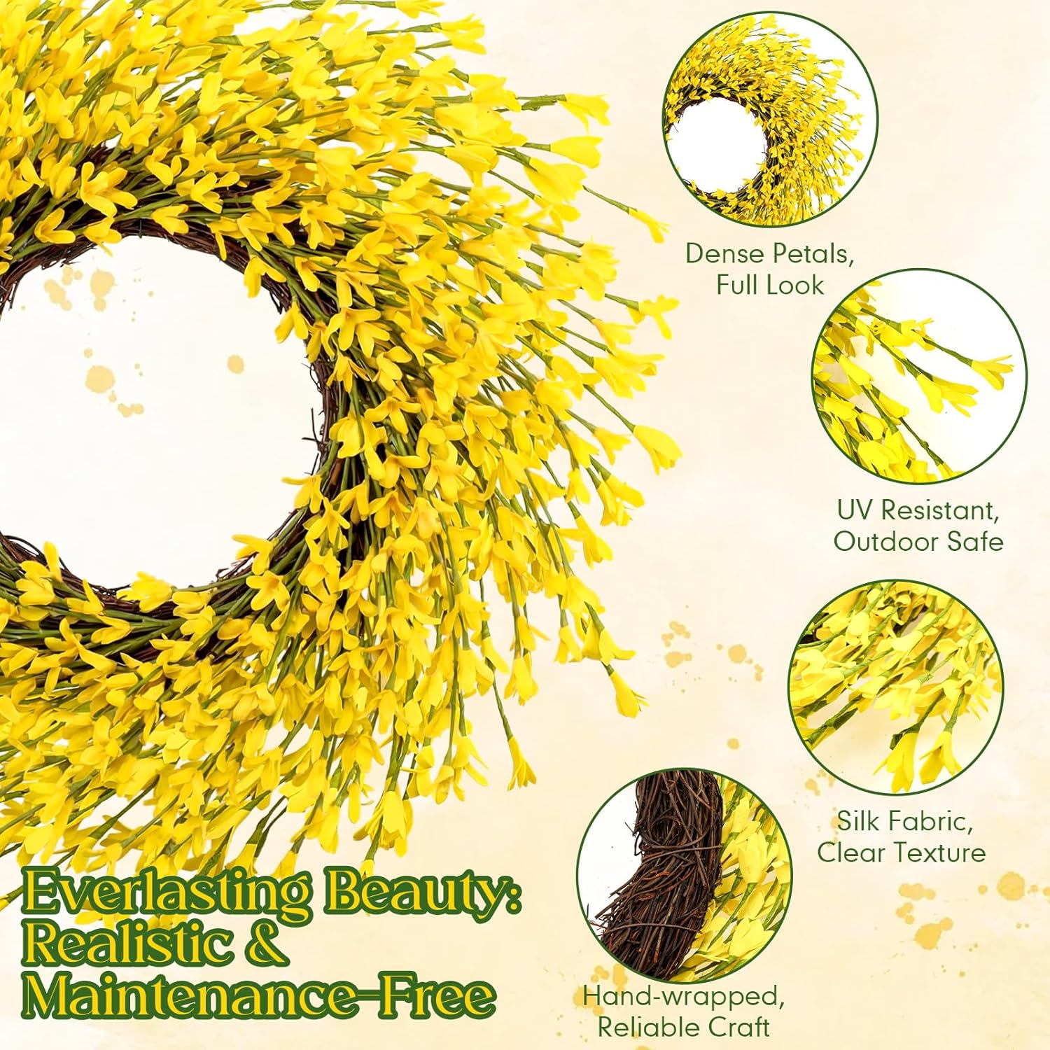 XunYee 4 Pcs 14 Inch Forsythia Wreath for Front Door Artificial Yellow Spring Summer Wreath Farmhouse Rustic Porch Decor for Easter, Wedding and Home Wall Decor