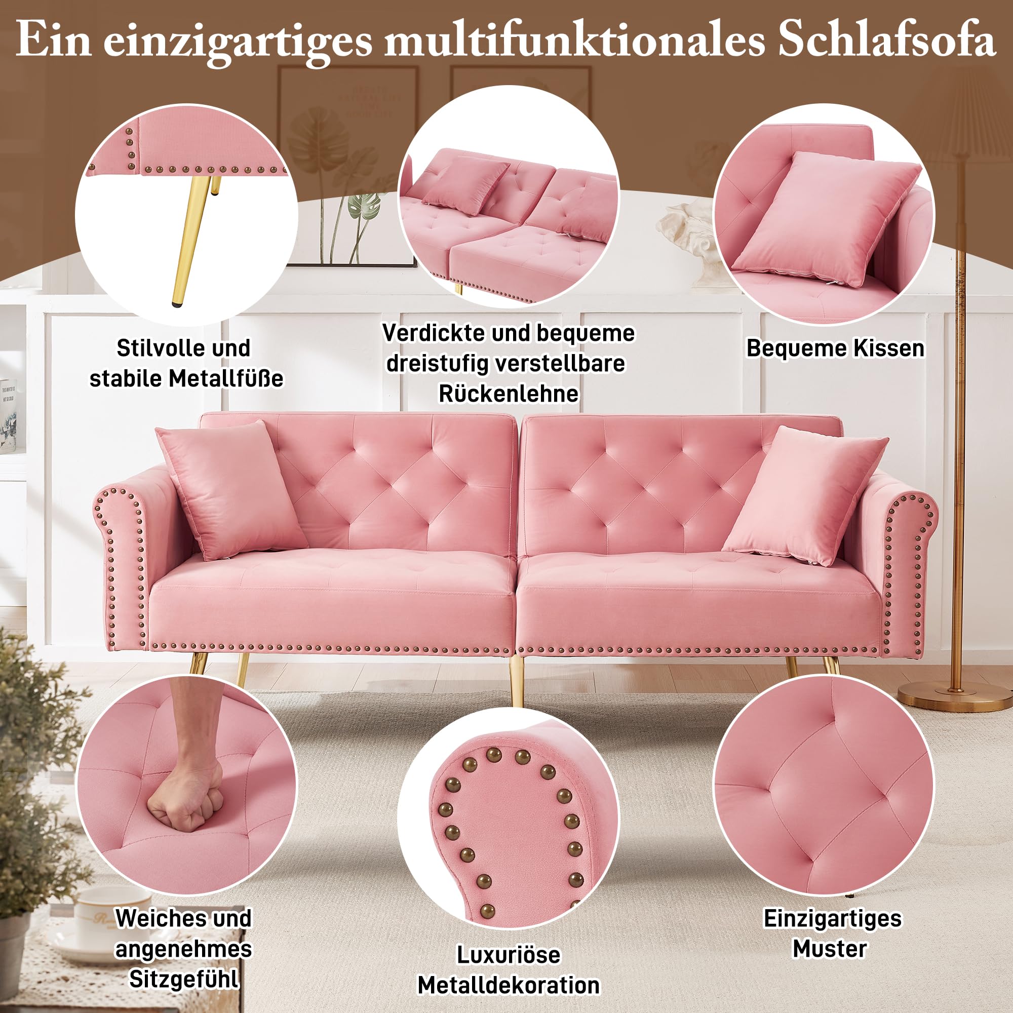 Azkoeesy Divano letto moderno a 2 posti in velluto 173 cm con gambe in metallo dorato e rivetti, 2 cuscini, schienale regolabile a 3 posizioni, per soggiorno e ufficio (rosa)