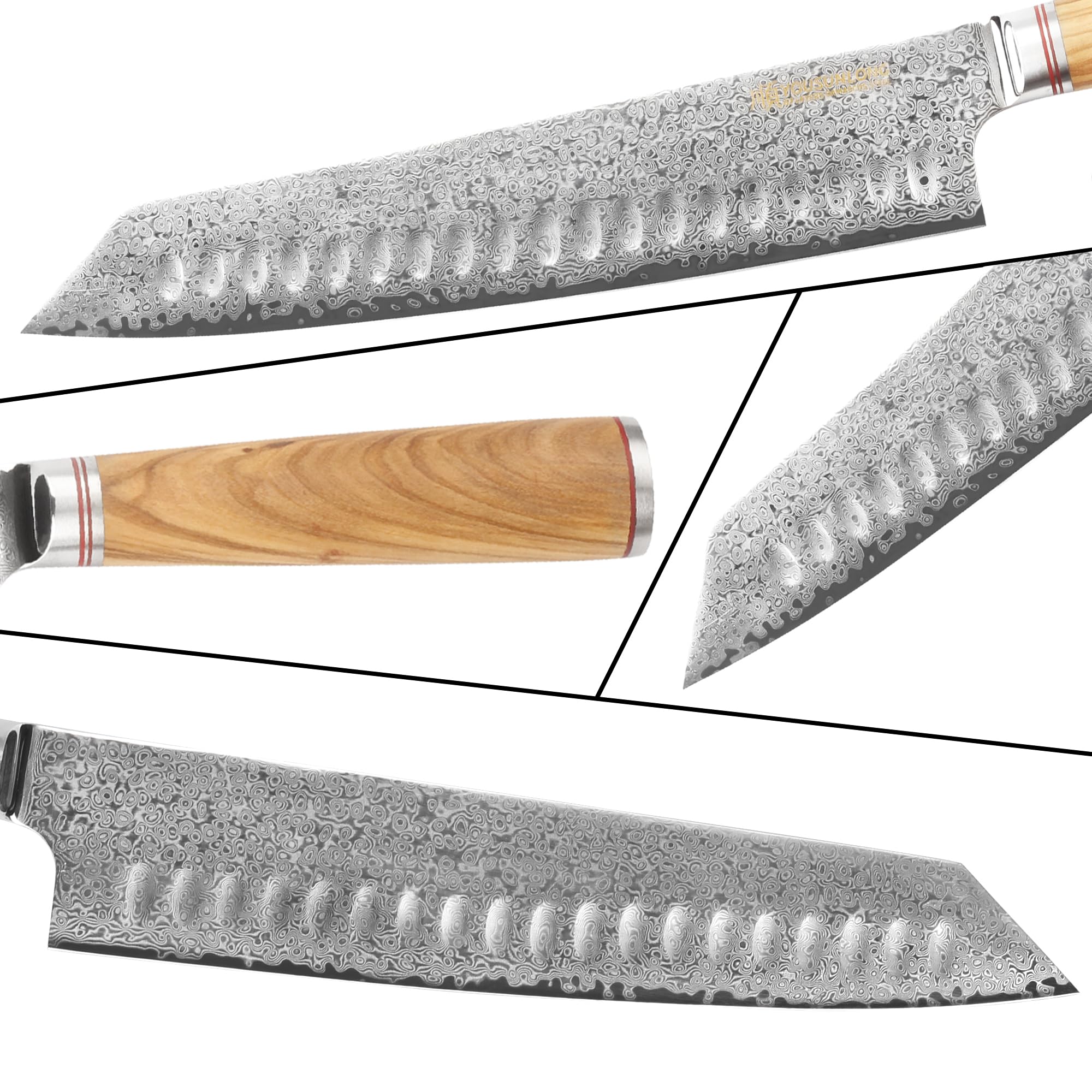 YOUSUNLONG Cuchillos de cocinero Kiritsuke 25,4 cm - Acero de Damasco martillado japonés - Súper afilado - Mango de madera de olivo italiano con funda de cuero - Cuchillos de cocina