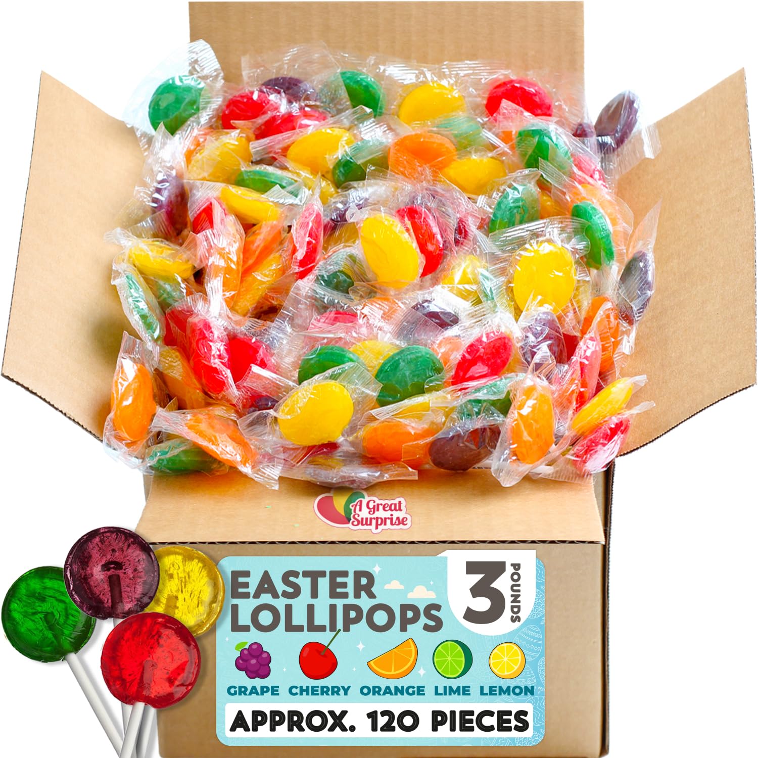 A Great Surprise Classic Lollipops - 3 Pounds - Easter Lollipops for Egg Hunt - Egg Stuffer Individually Wrapped Candies - Flat Round Bulk Suckers For Kids, Doctors Office, Schools, Banks