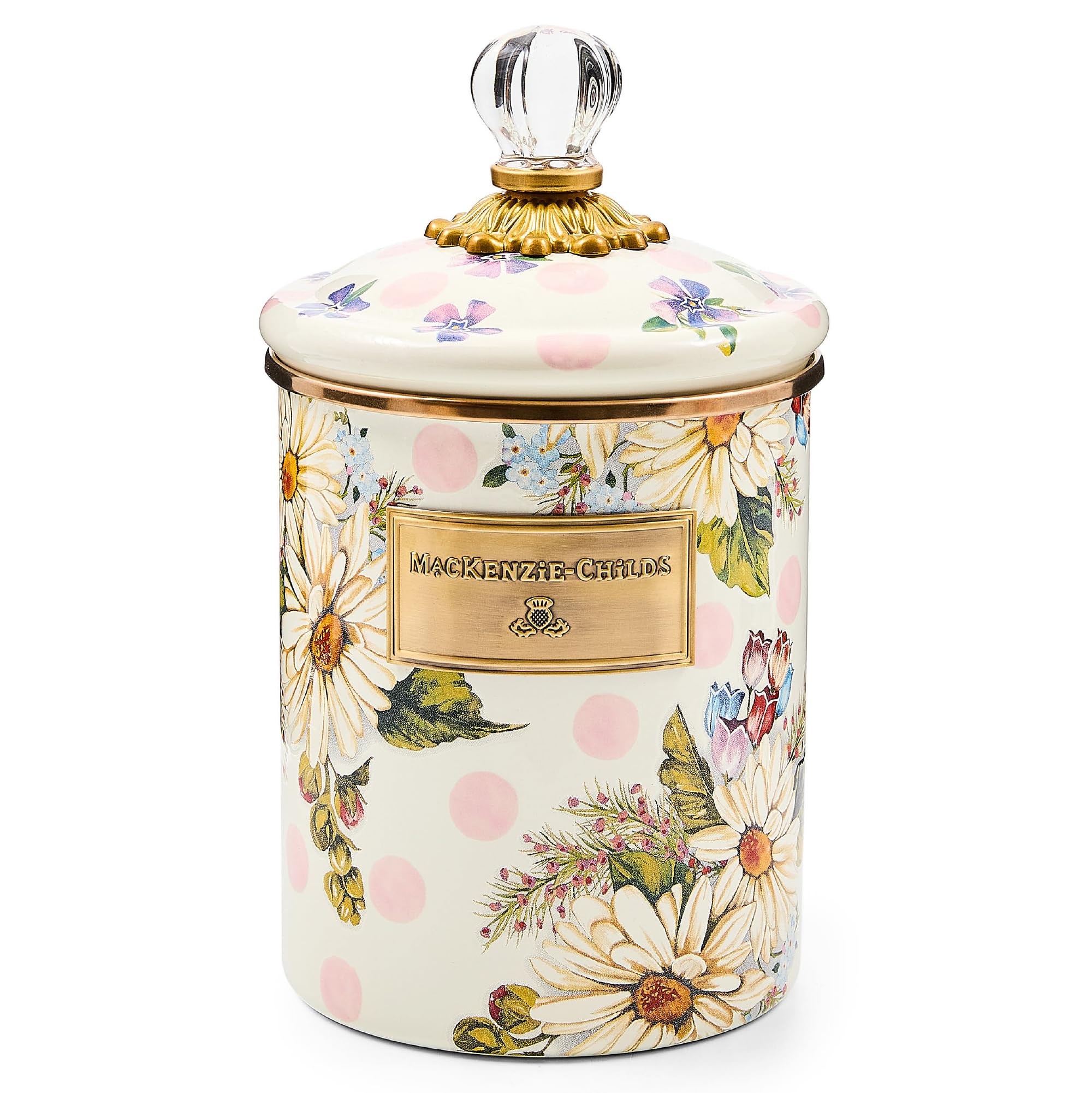 MACKENZIE-CHILDS Enamel Canister Medium Wild Rose Brown | Hand-applied design made from enameled steel versatile kitchen storage container for flour and sugar 48-ounce capacity product thumbnail 2
