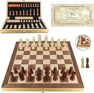 Kovend Small Wood Chess Set 12 Inch - Includes Premium Inlaid Board Staunton Handcrafted Wooden Chess Pieces Bonus Checkers Game Pieces Extra Queens Convenient Accessory Storage Travel
