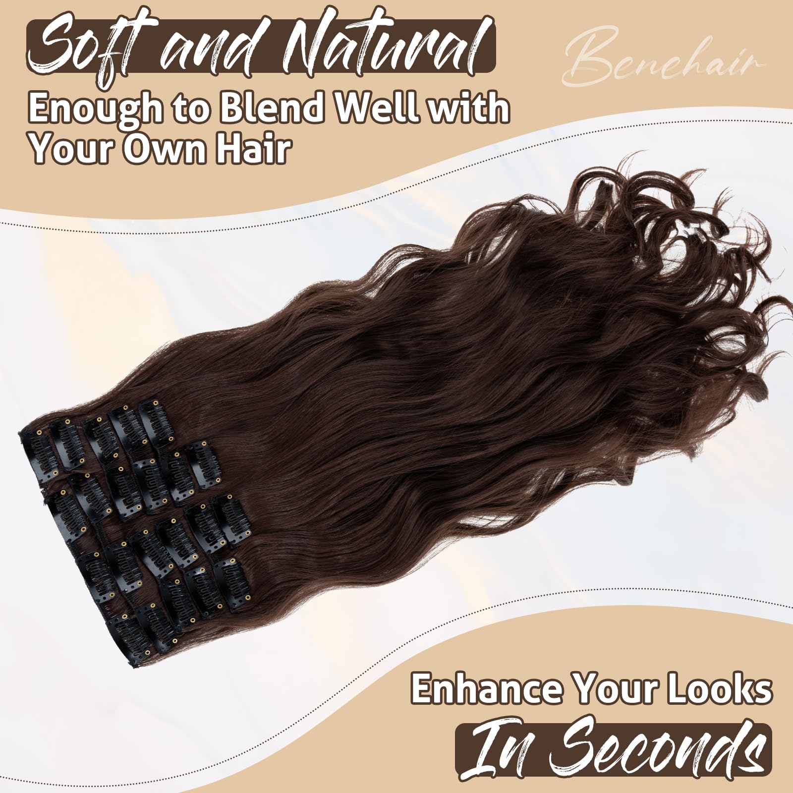 Benehair 22" Clip in Hair Extensions 12 Pcs Long Curly Wave Hair Extensions Clip in Full Head Synthetic Fiber Natural Brown Hair Piece for Women Girls(Natural Brown - Image 3
