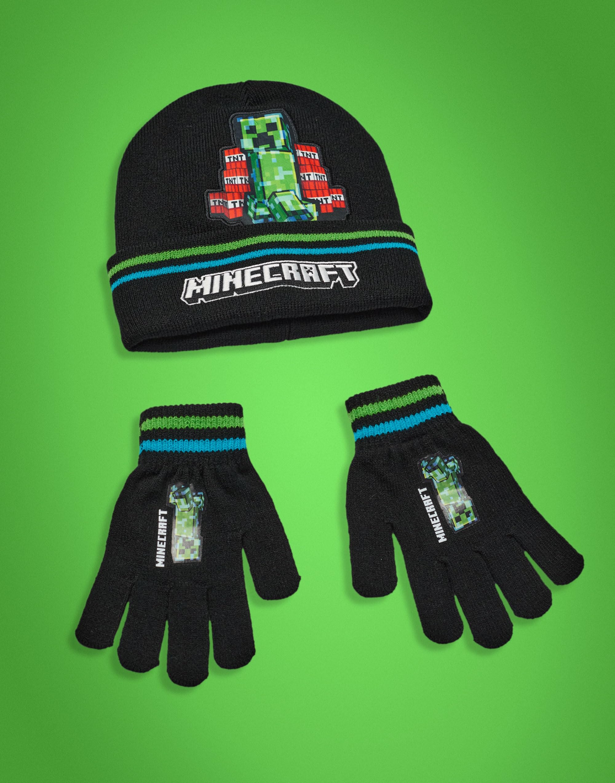 Minecraft Ensemble bonnet et gants pour garçons | Gamer Kids TNT Creeper Graphic Ensemble d'hiver tricoté | Chapeau et gants de personnage de jeu taille unique avec logo