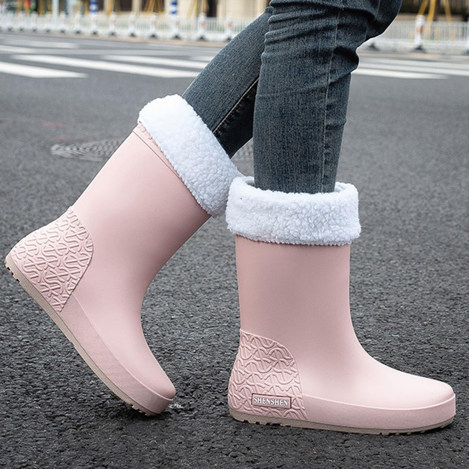 Clearance UK - Botas de lluvia de media pantorrilla para mujer, forro polar cálido, botas de agua impermeables al tobillo, botas de agua para invierno, nieve y clima frío, Pink, 39 EU