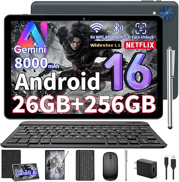 Tablet Android 16 de 10 pulgadas - tablet con teclado, 26GB+256GB+2TB, IA Gemini | tablet 10 pulgadas con 8 núcleos, 8000mAh, WiFi 5G, Widevine L1, GPS, GMS, tablets 2026 con funda/mouse/lápiz (negro)