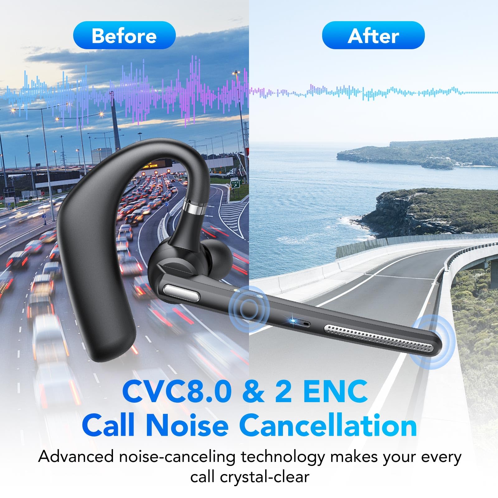 Manos Libres Auricular Bluetooth V5.3 con Doble Micrófono Cancelación, 60hrs Talk Auriculares Inalambricos Bluetooth con Conexión Para Dos Dispositivos, Pantalla LED, IPX7, Para Conducir/Negocios