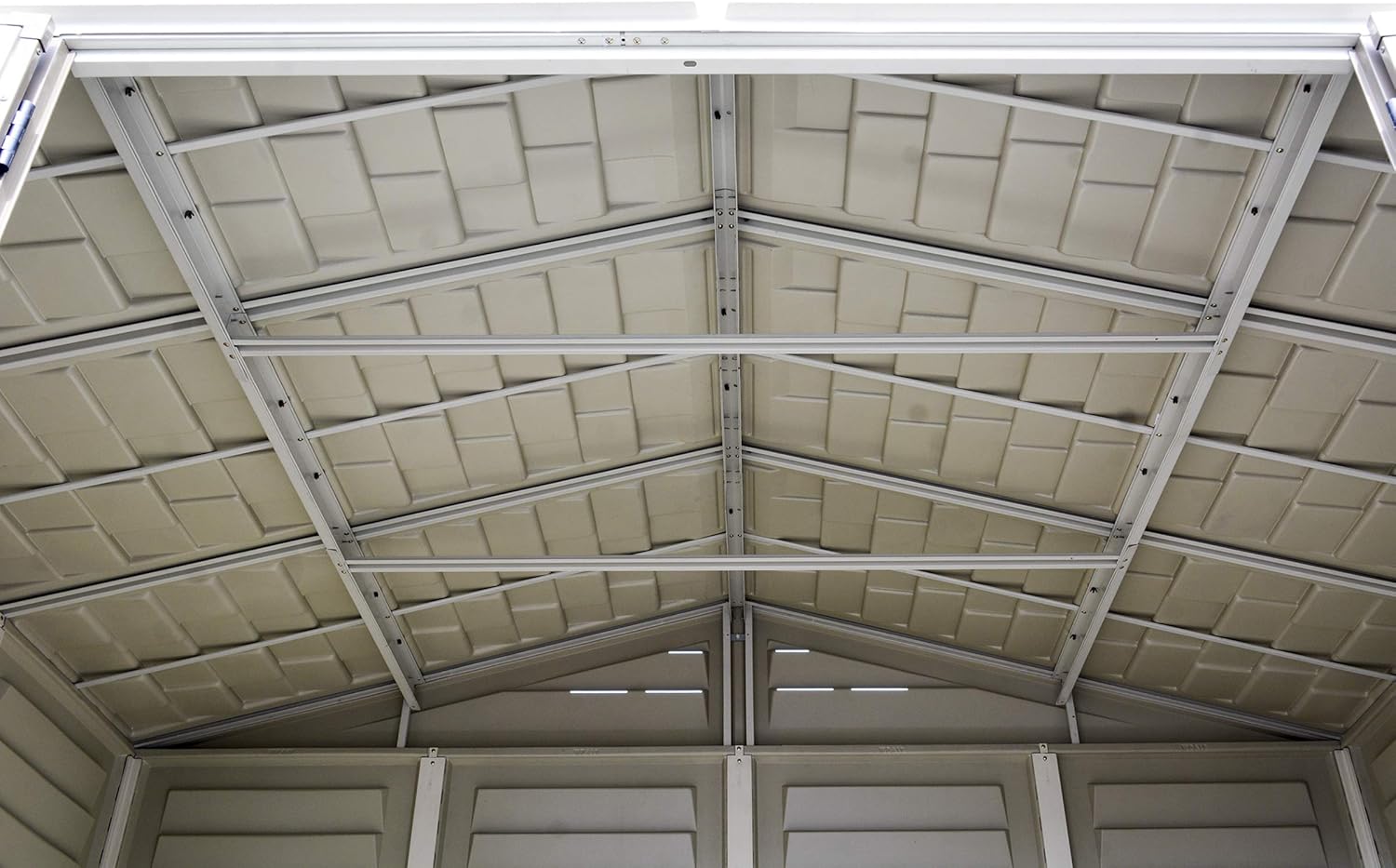 Interior view of the shed showing the roof support structure