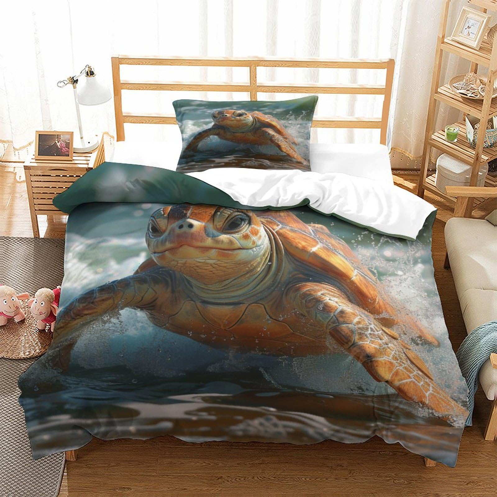 P1s9u7w5y Sea Turtle 3D Printed Turtle Wildlife Duvet Cover Set 3Pcs Microfiber Ocean Bedding Set Single（135X200cm）