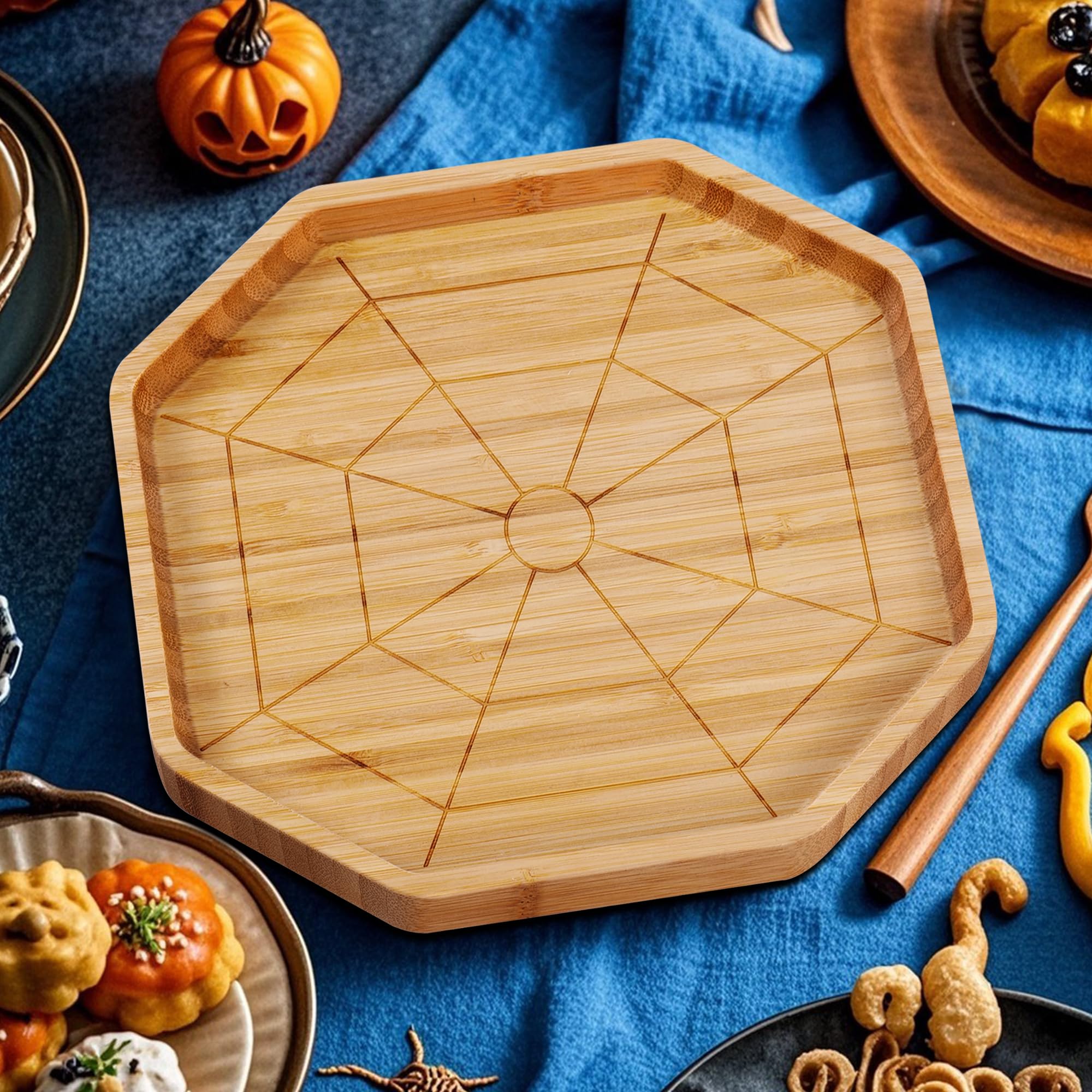 Tagliere di Halloween piccolo a forma di ragnatela – Bambù vassoio da portata per snack, dolci e caramelle, decorazione per la tavola delle feste
