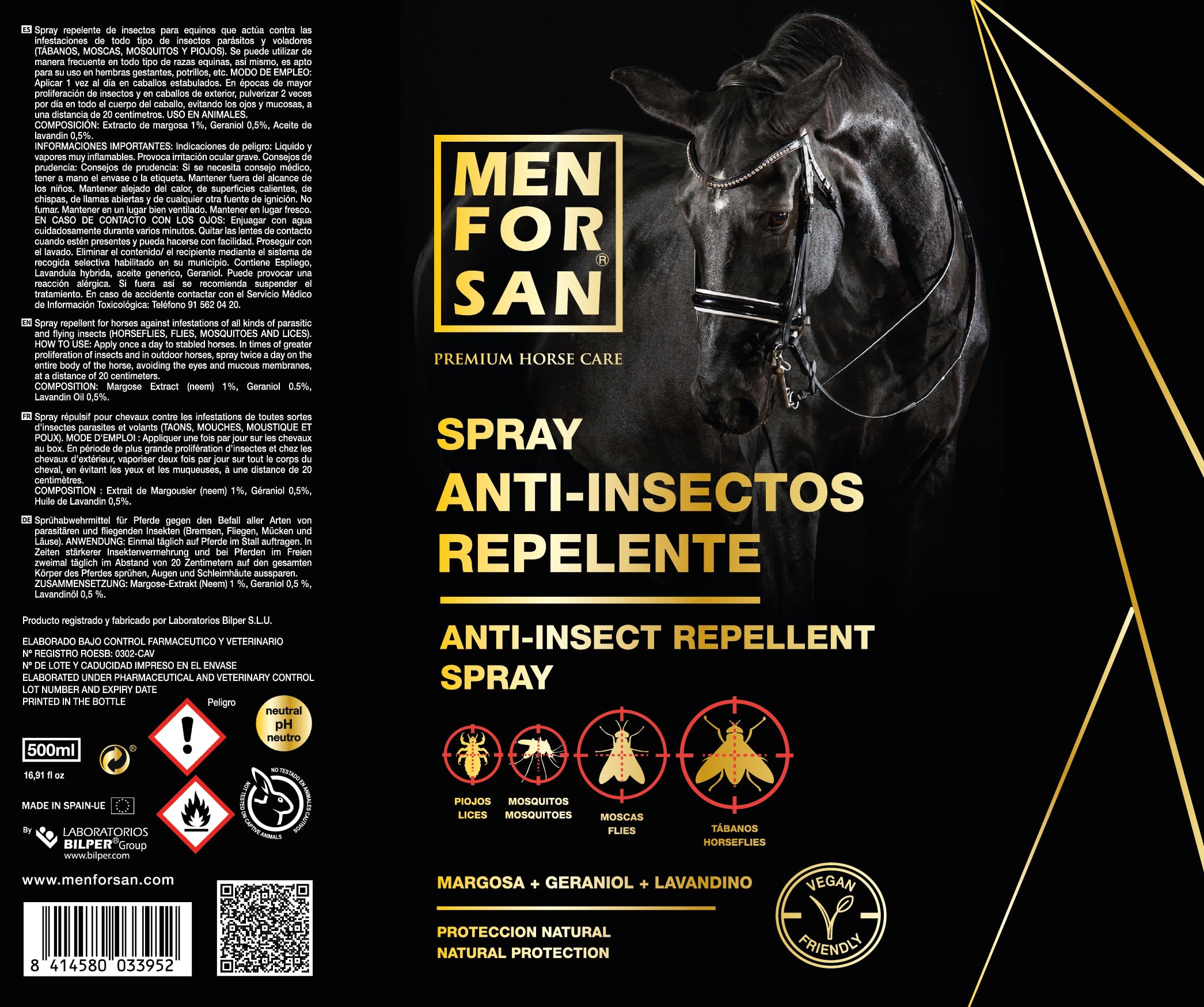 MENFORSAN Spray repelente de insectos para caballos, 500ml | con Margosa, geraniol y lavandino | Bio, 100% Natural